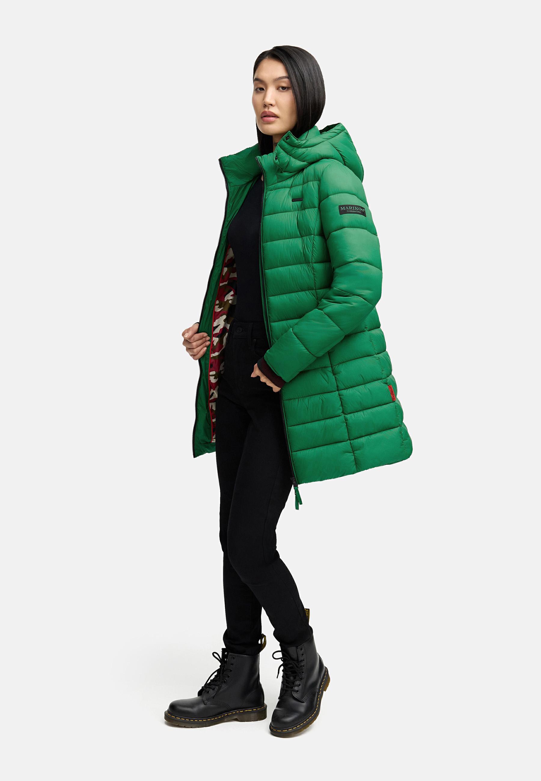 Langer Winter Steppmantel mit Kapuze "Abendsternchen" Smaragd Green