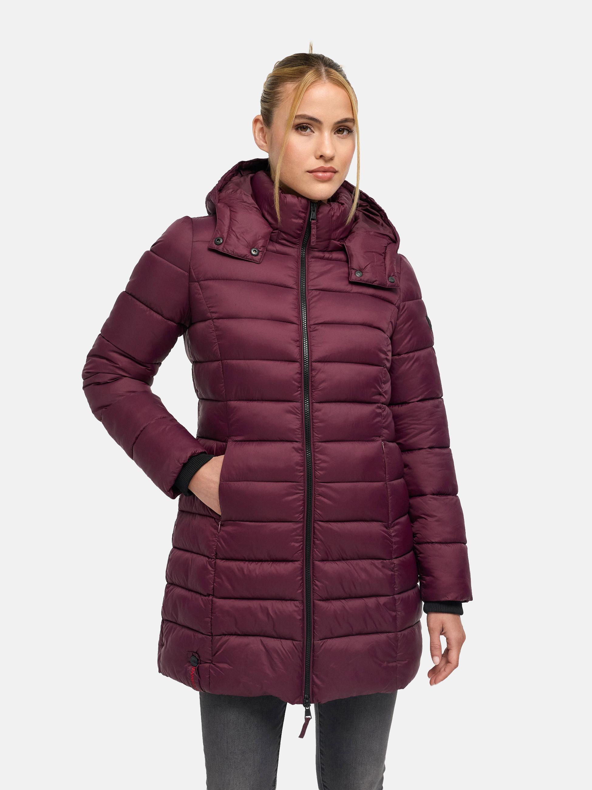 Langer Winter Steppmantel mit Kapuze "Abendsternchen" Wine