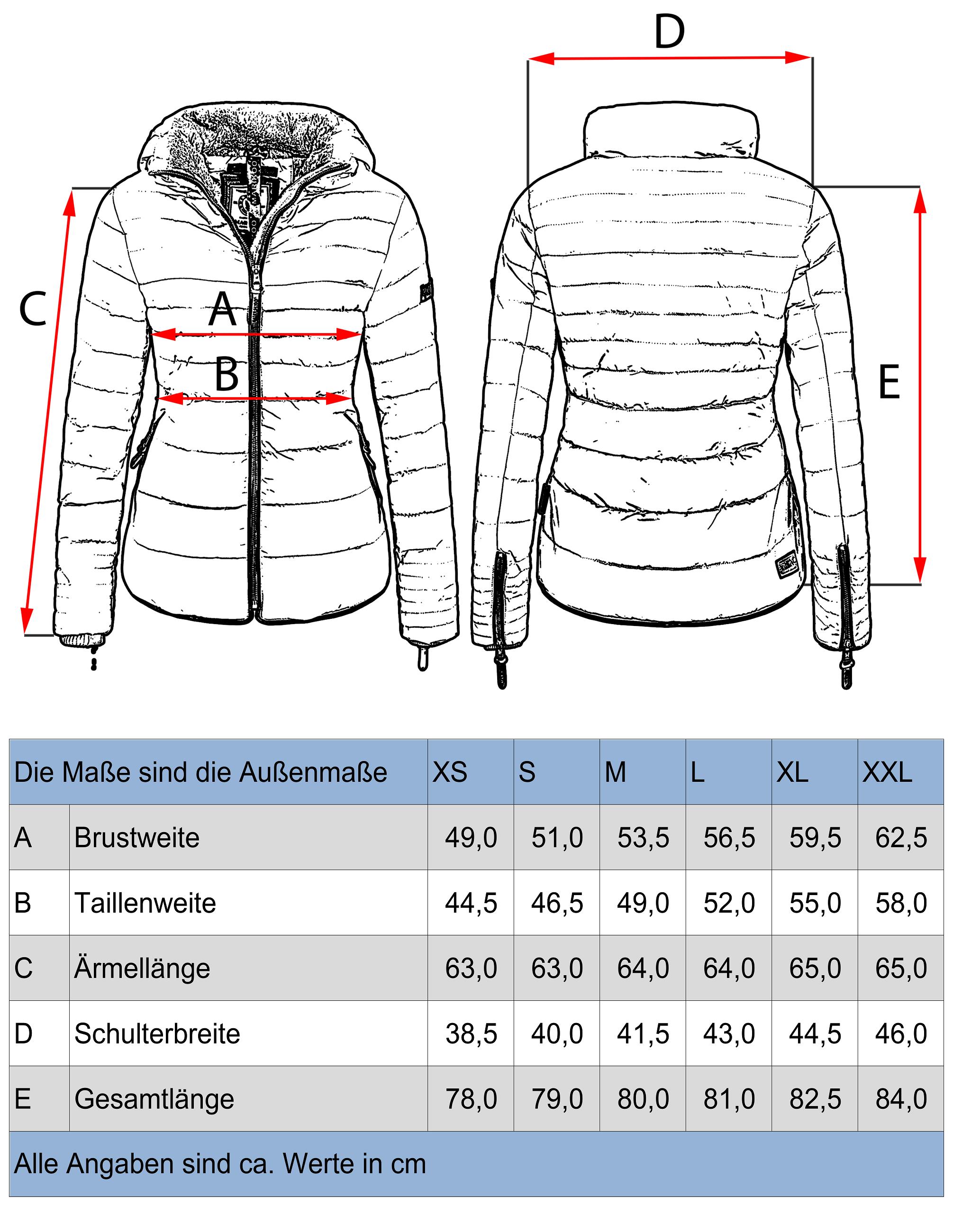 Grössentabelle - Kurze Winter Steppjacke mit Kapuze "Amber"