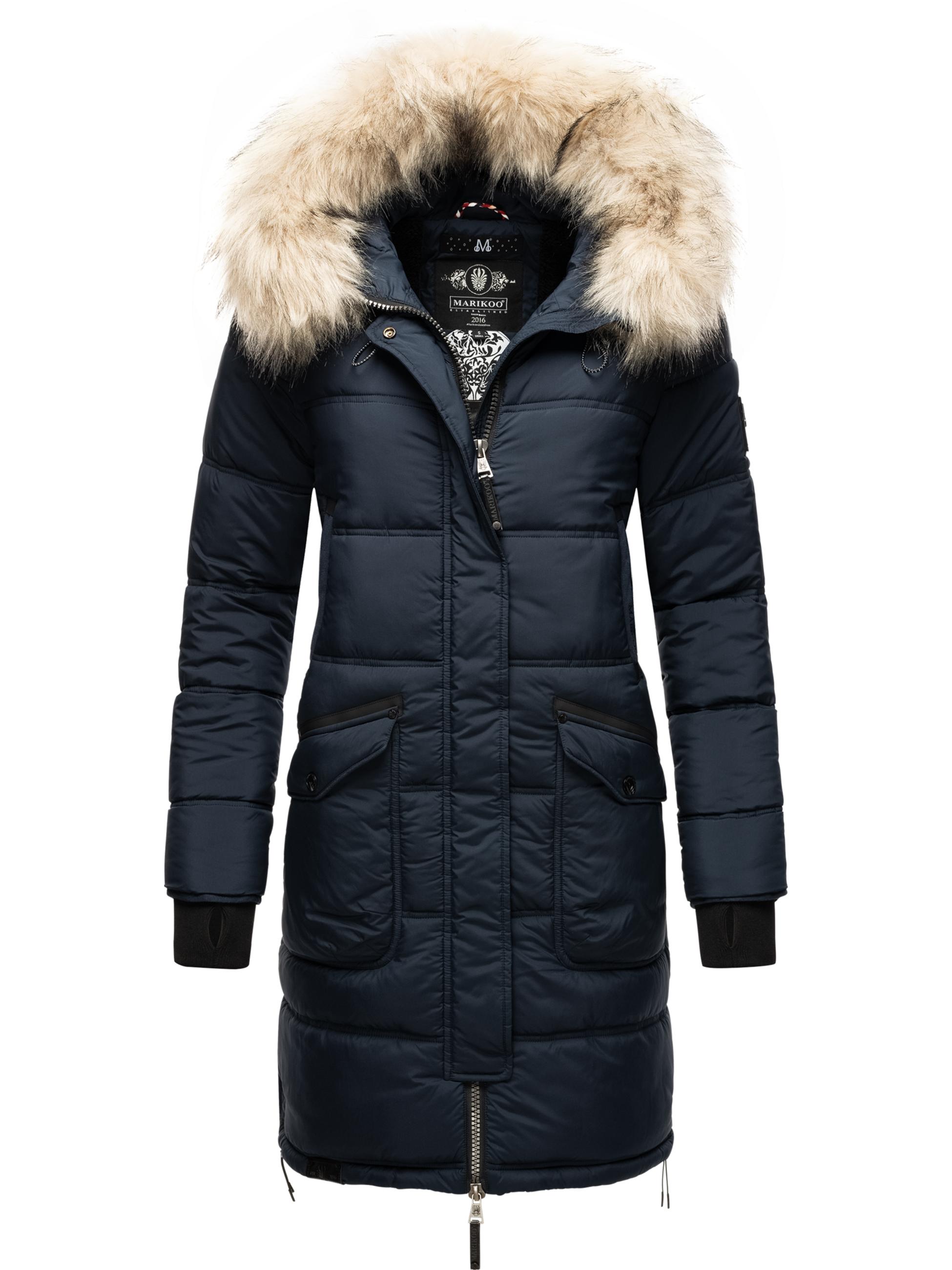 Langer Winter Steppmantel mit Kunstfellkapuze "Chaskaa" Navy