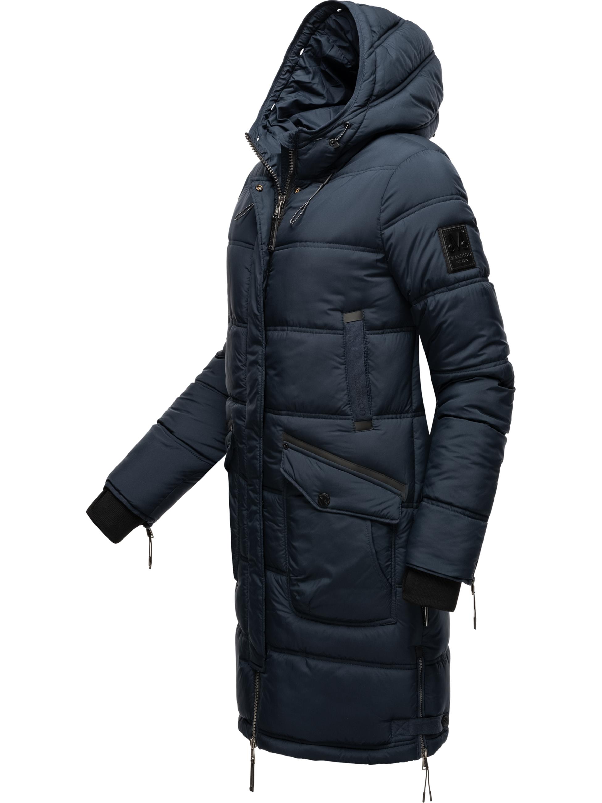 Langer Winter Steppmantel mit Kunstfellkapuze "Chaskaa" Navy