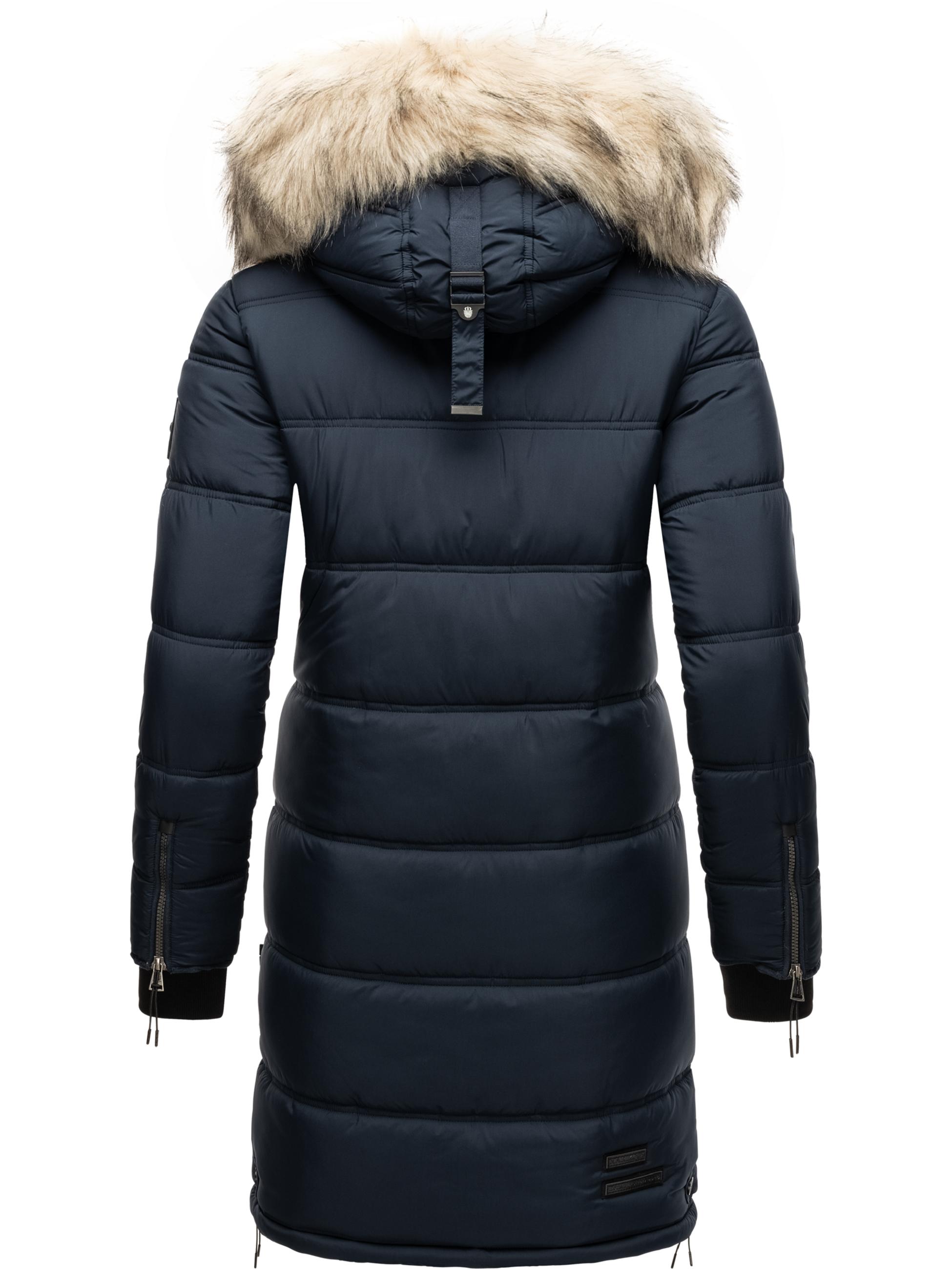 Langer Winter Steppmantel mit Kunstfellkapuze "Chaskaa" Navy