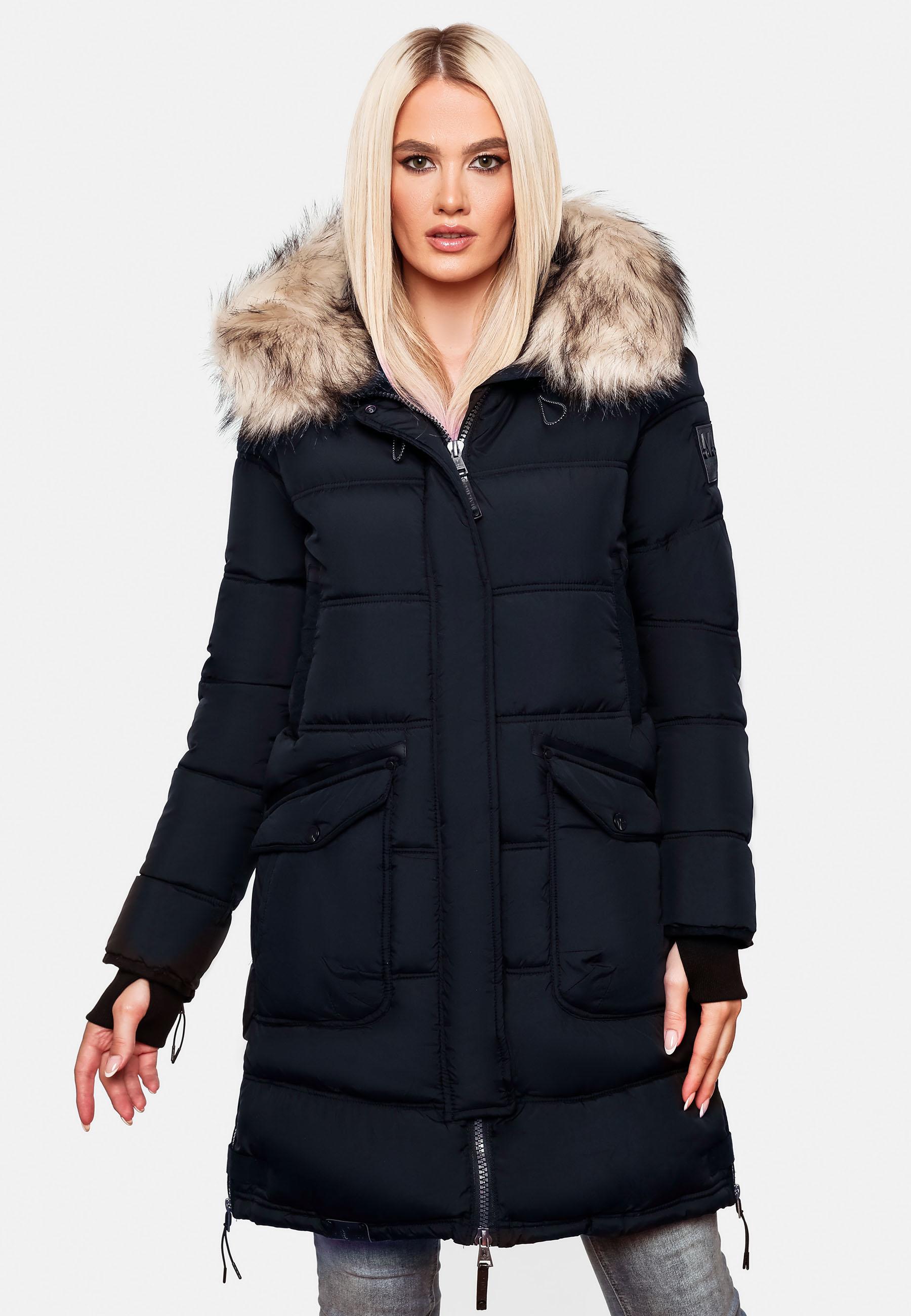 Langer Winter Steppmantel mit Kunstfellkapuze "Chaskaa" Navy