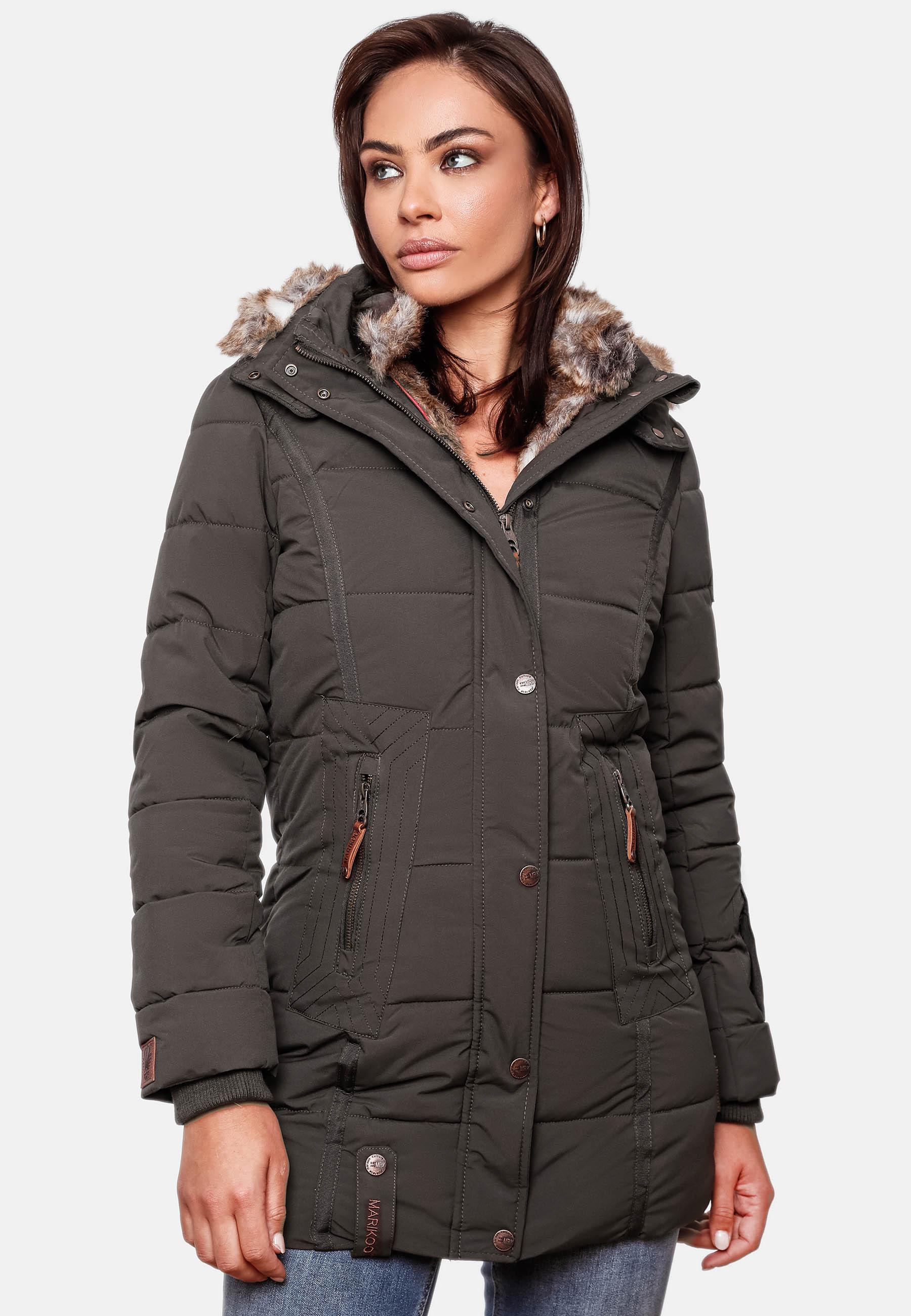 Langer Winter Steppmantel mit Kunstfellkapuze "Lieblings Jacke" Anthracite