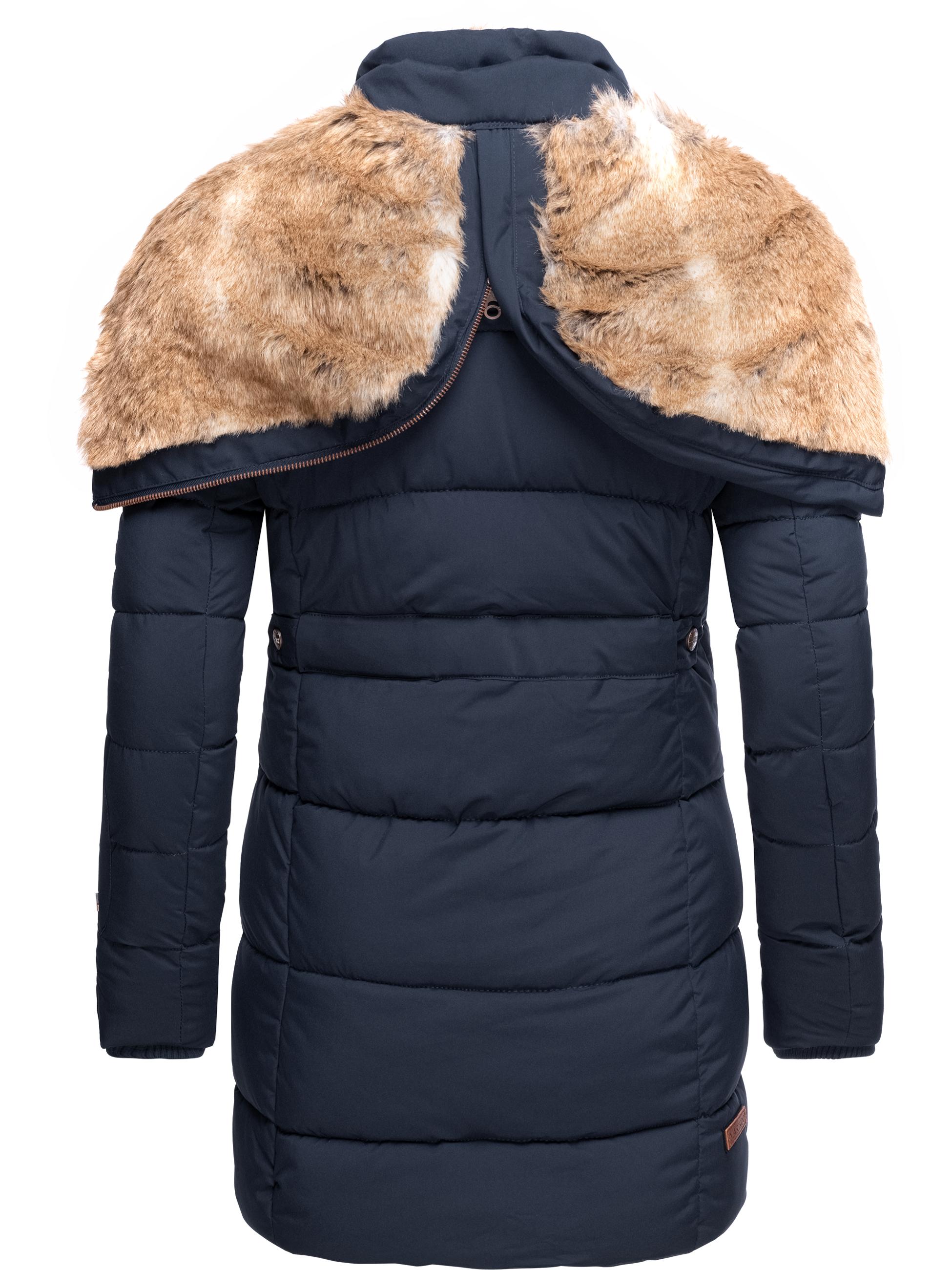 Langer Winter Steppmantel mit Kunstfellkapuze "Lieblings Jacke" Blau