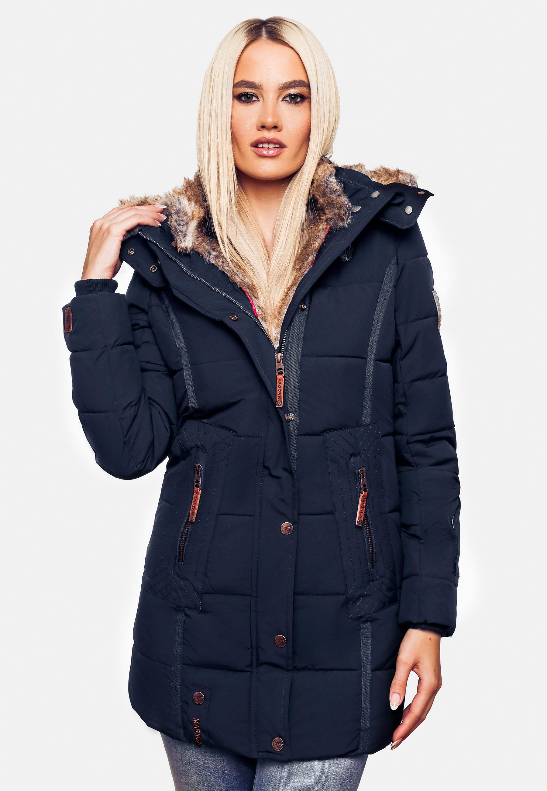 Langer Winter Steppmantel mit Kunstfellkapuze "Lieblings Jacke" Blau