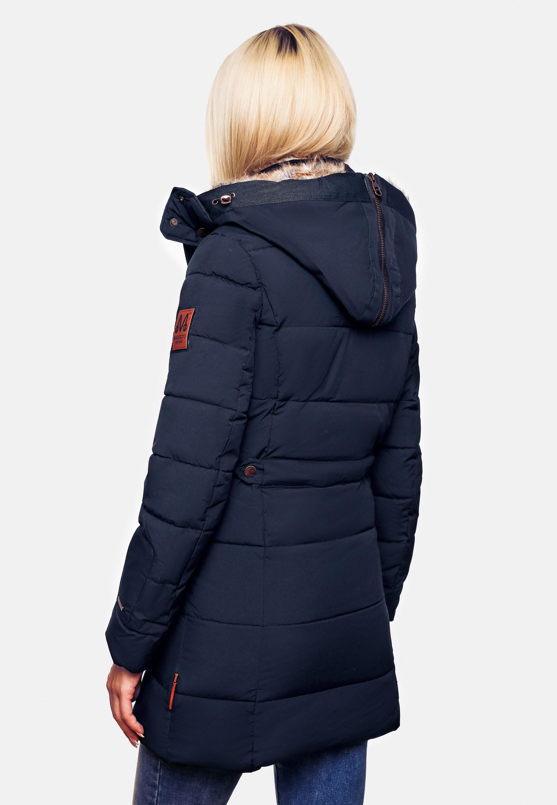 Langer Winter Steppmantel mit Kunstfellkapuze "Lieblings Jacke" Blau