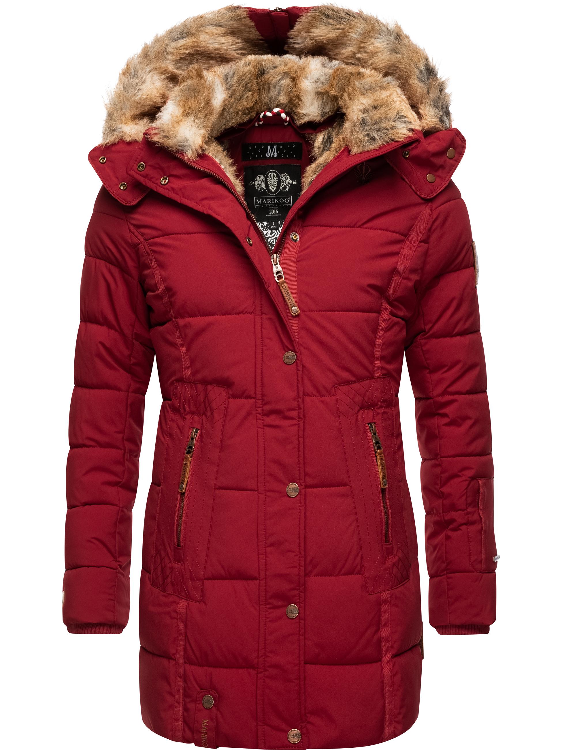 Langer Winter Steppmantel mit Kunstfellkapuze "Lieblings Jacke" Blood Red