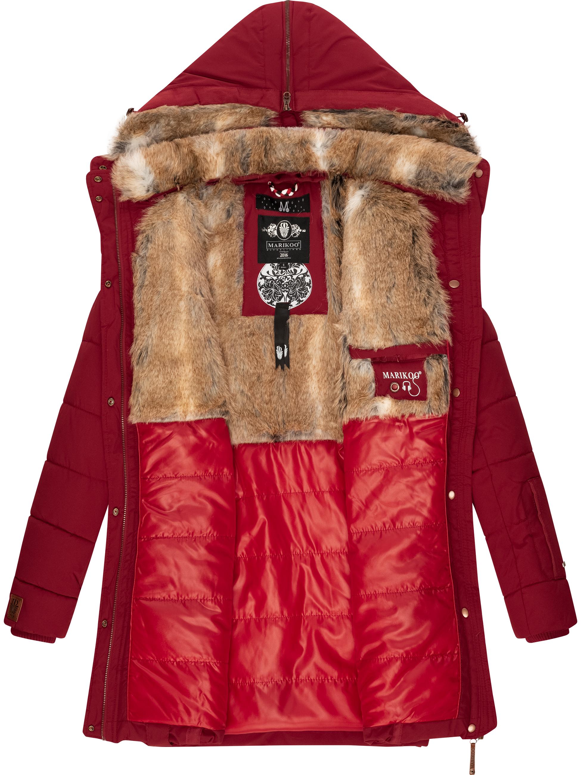 Langer Winter Steppmantel mit Kunstfellkapuze "Lieblings Jacke" Blood Red