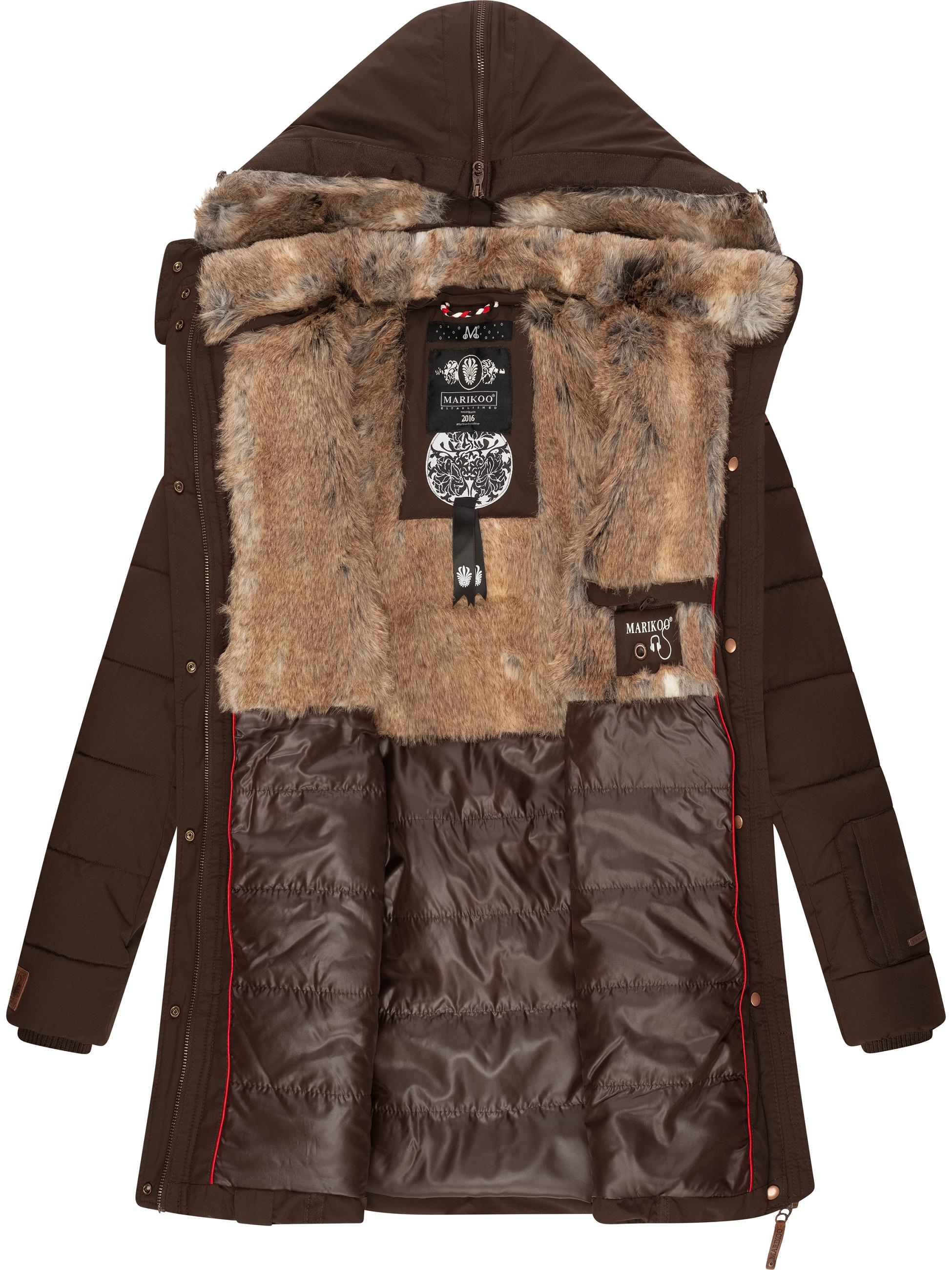 Langer Winter Steppmantel mit Kunstfellkapuze "Lieblings Jacke" Dark Brown