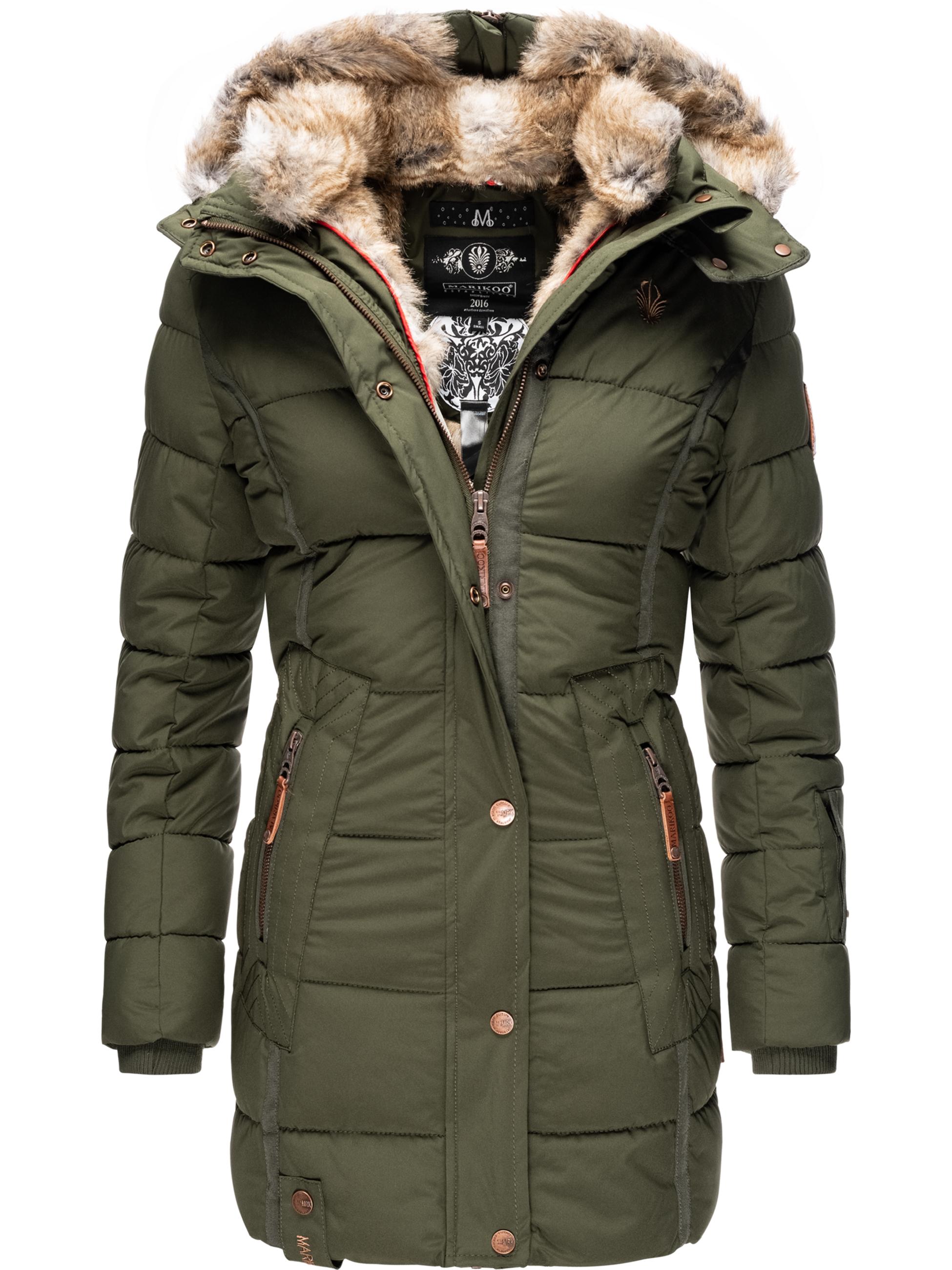 Langer Winter Steppmantel mit Kunstfellkapuze "Lieblings Jacke" Olive