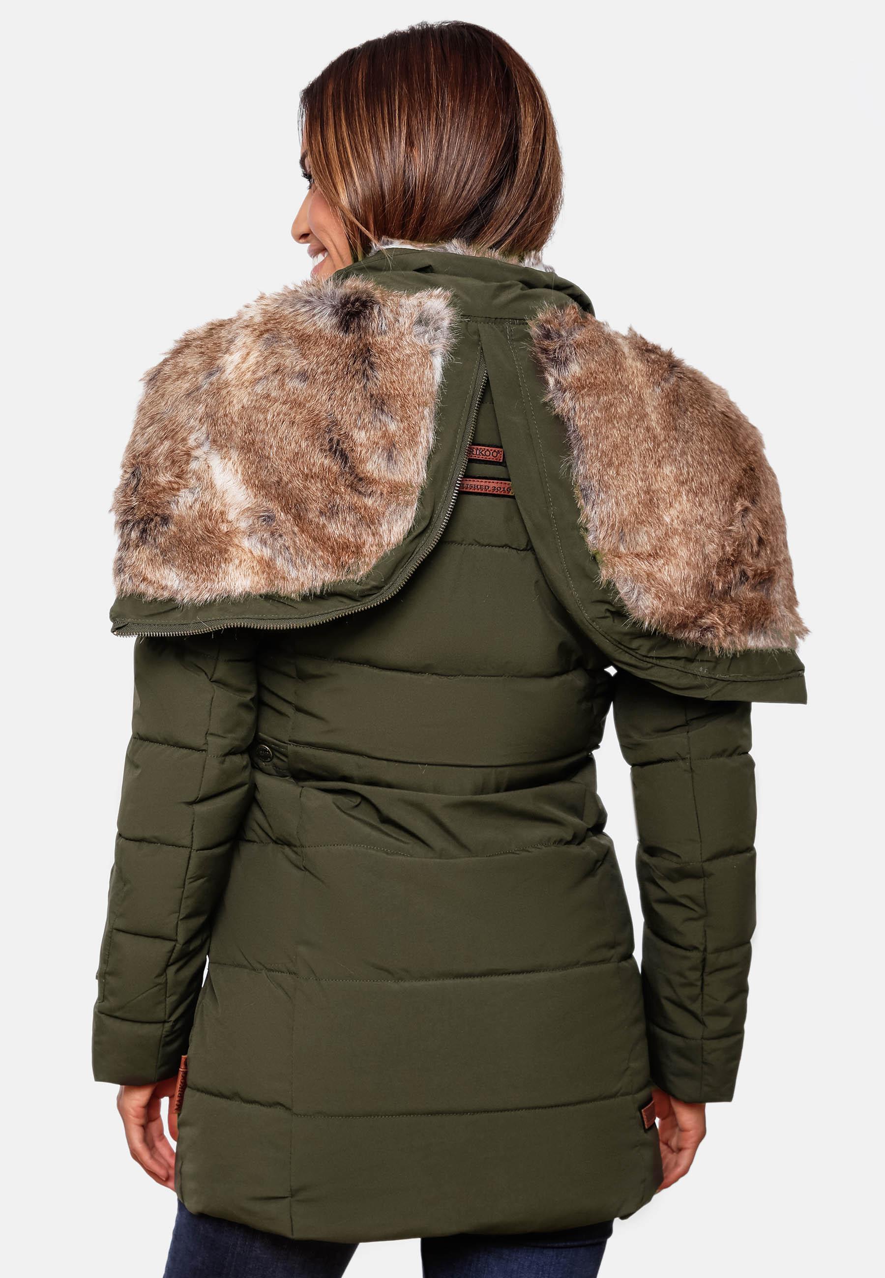 Langer Winter Steppmantel mit Kunstfellkapuze "Lieblings Jacke" Olive