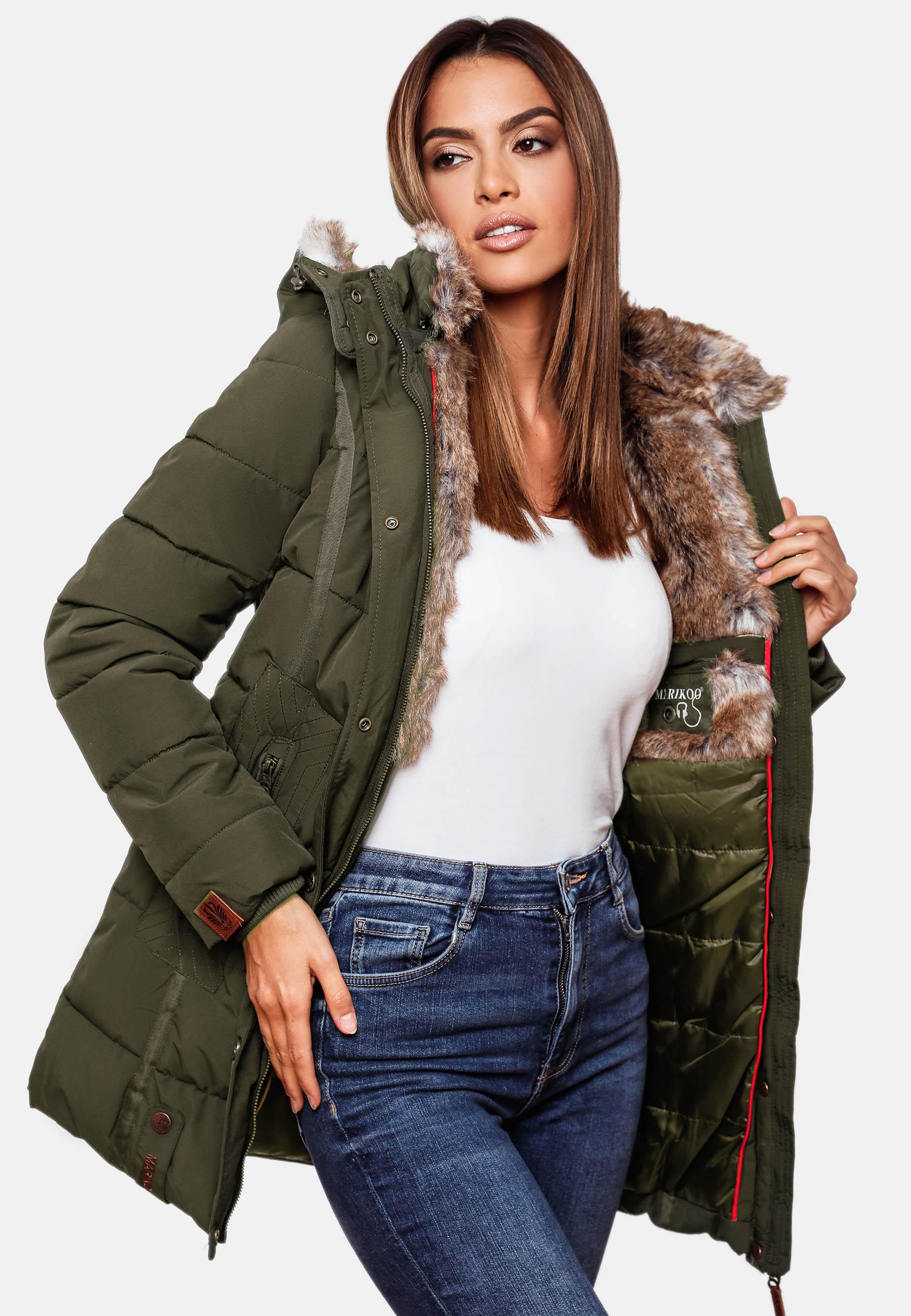 Langer Winter Steppmantel mit Kunstfellkapuze "Lieblings Jacke" Olive