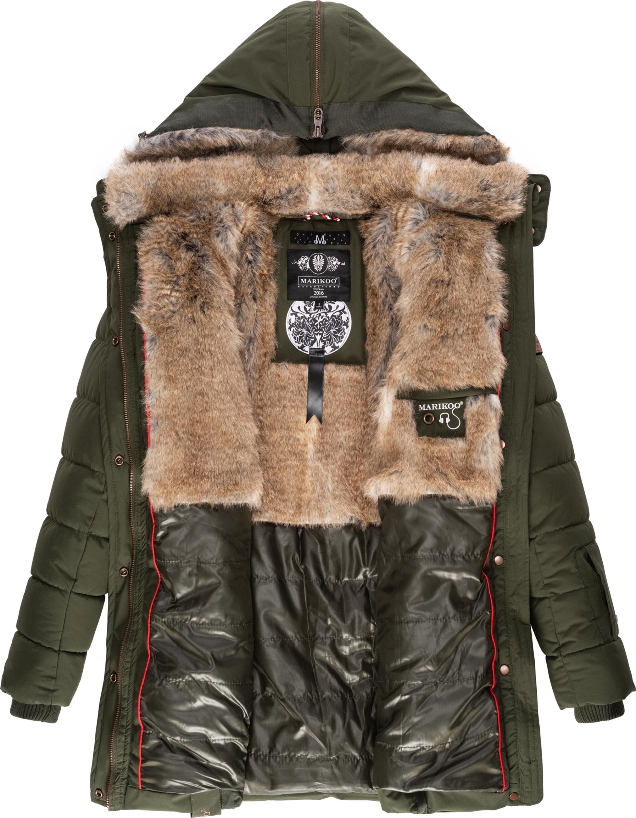 Langer Winter Steppmantel mit Kunstfellkapuze "Lieblings Jacke" Olive