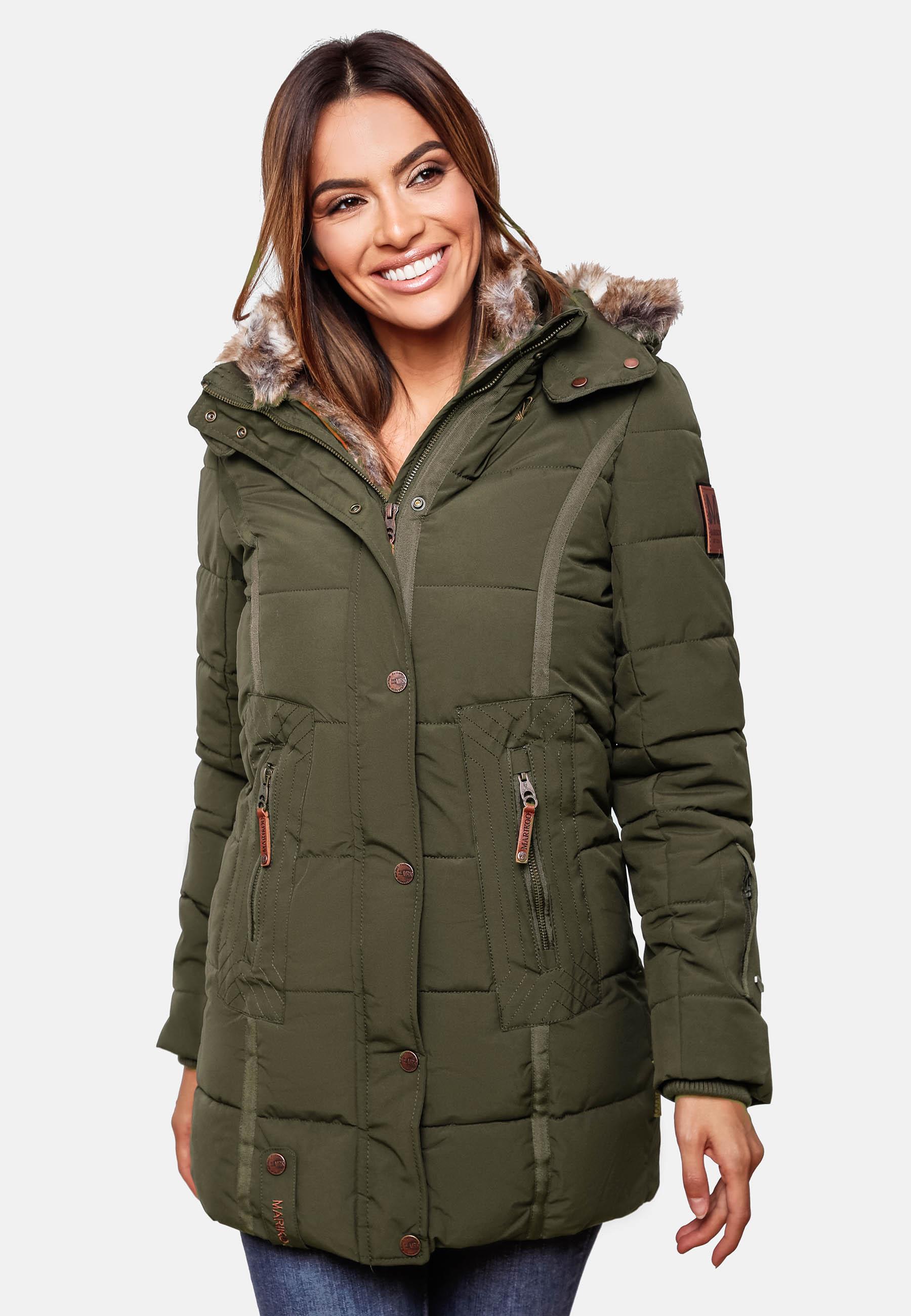 Langer Winter Steppmantel mit Kunstfellkapuze "Lieblings Jacke" Olive