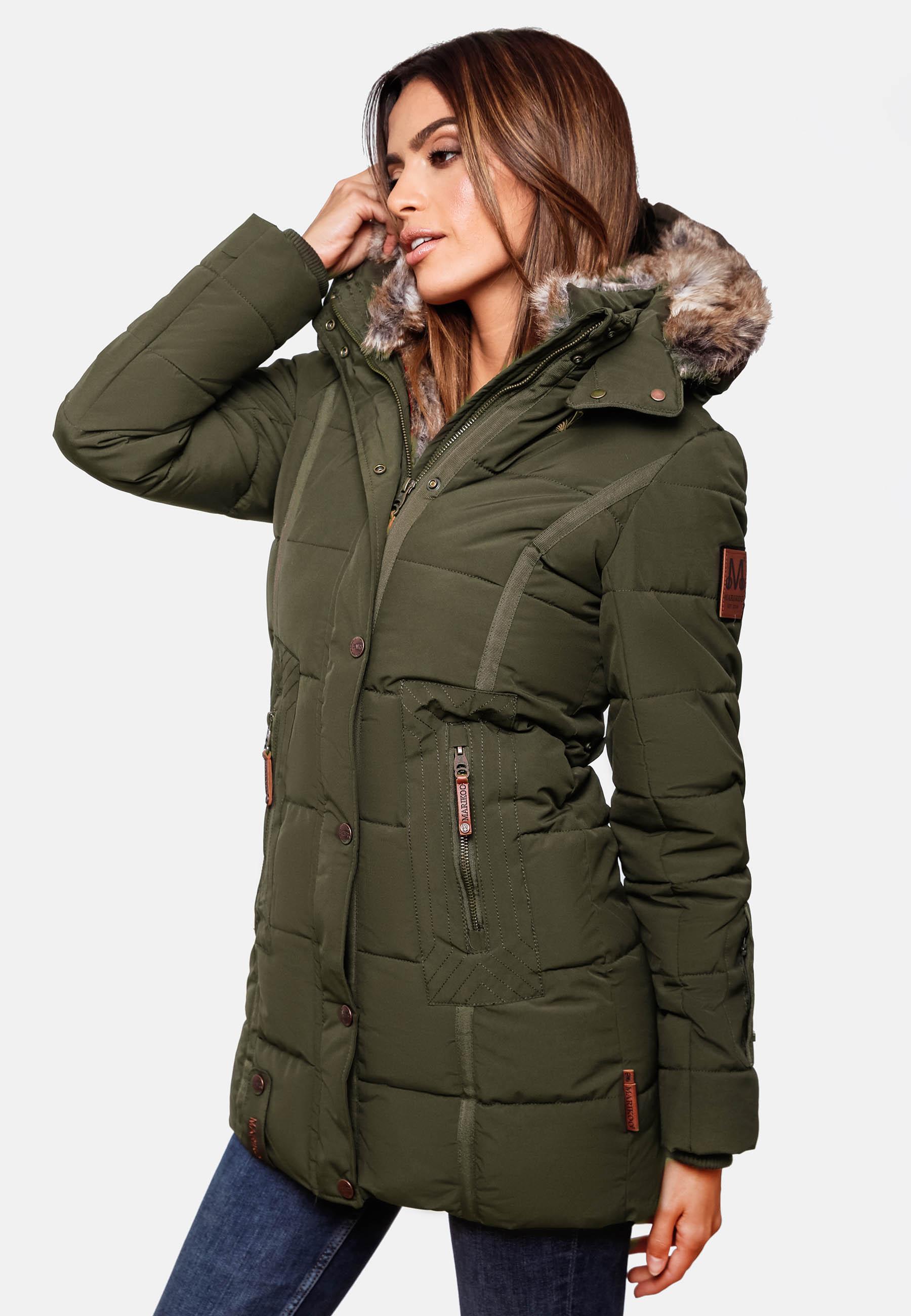 Langer Winter Steppmantel mit Kunstfellkapuze "Lieblings Jacke" Olive