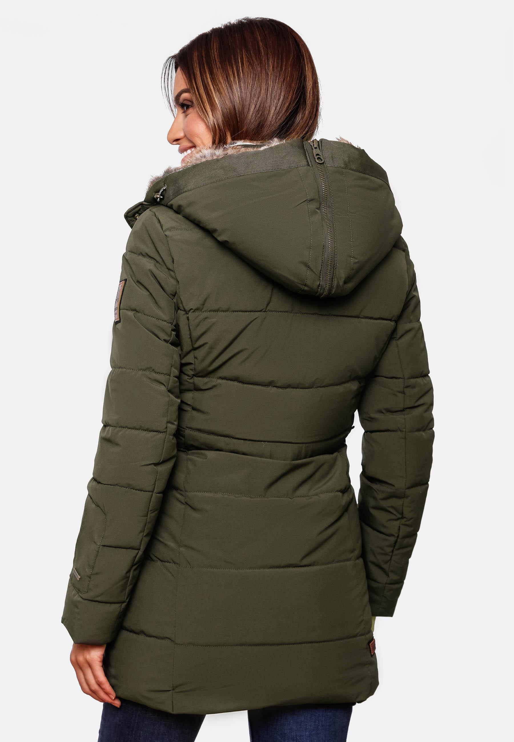 Langer Winter Steppmantel mit Kunstfellkapuze "Lieblings Jacke" Olive