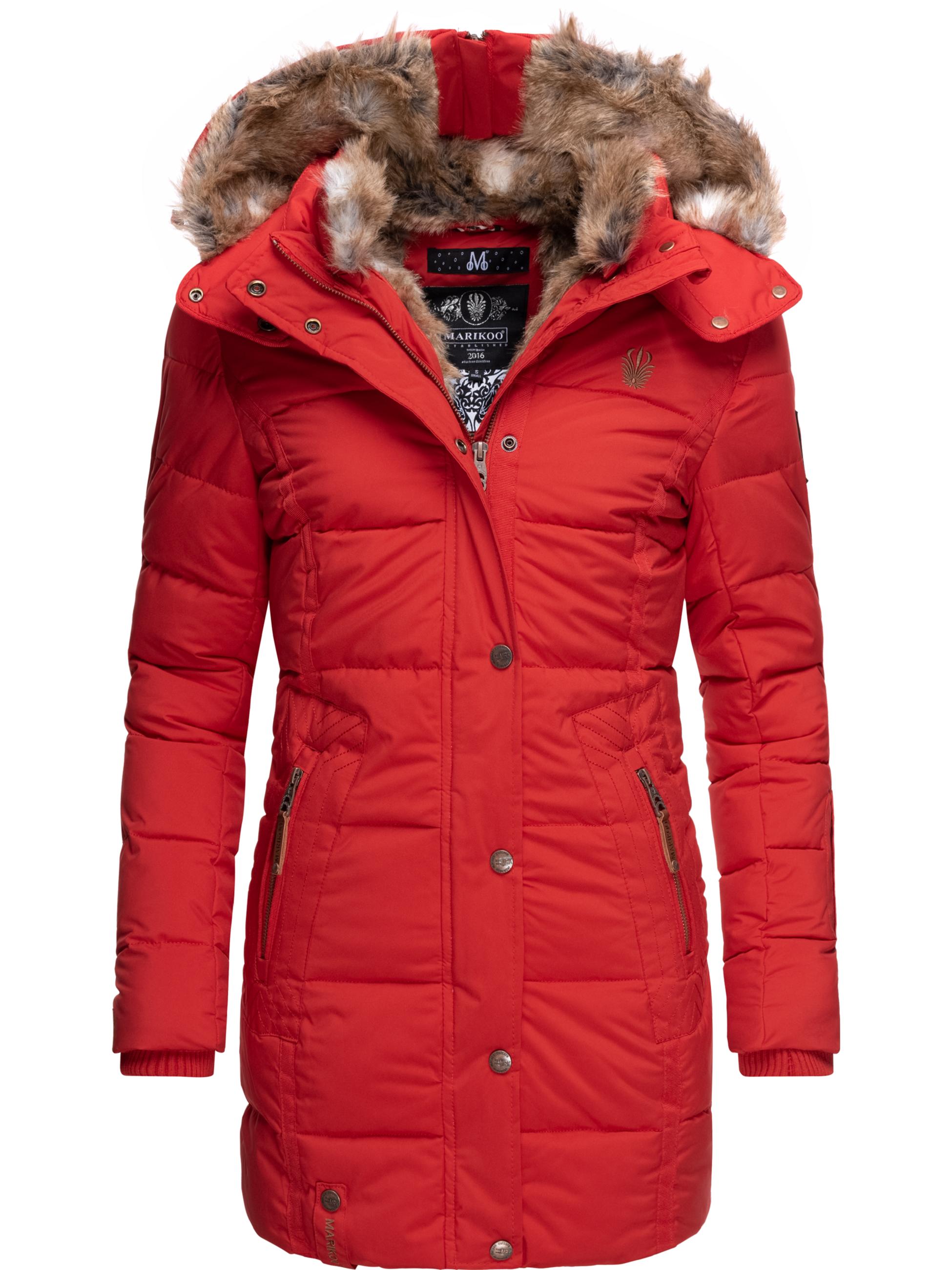 Langer Winter Steppmantel mit Kunstfellkapuze "Lieblings Jacke" Rot