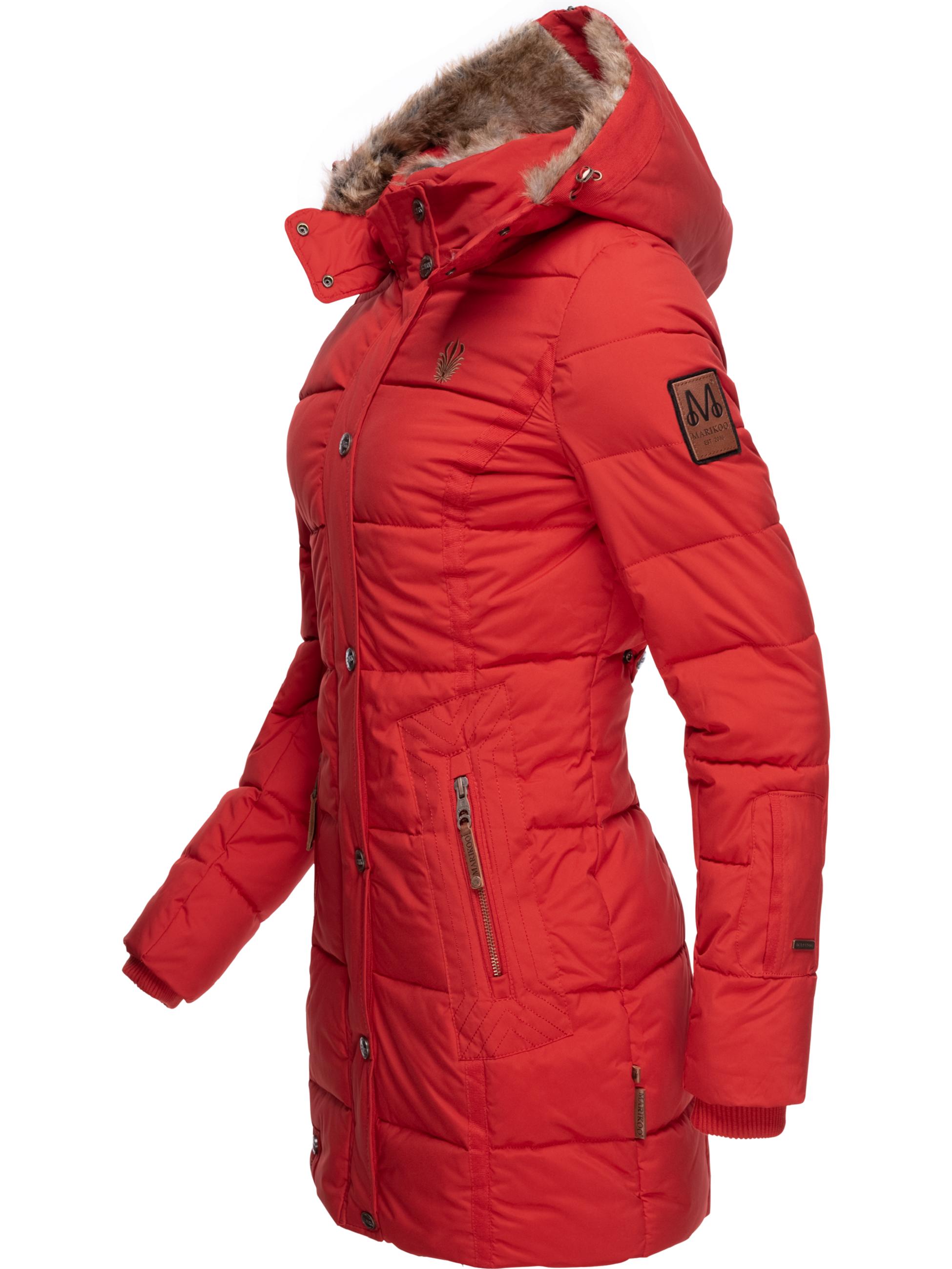 Langer Winter Steppmantel mit Kunstfellkapuze "Lieblings Jacke" Rot