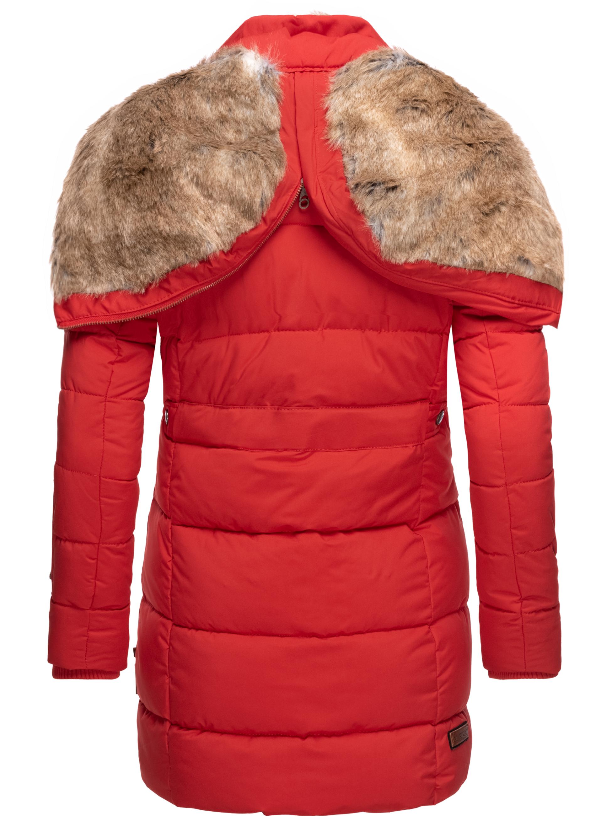 Langer Winter Steppmantel mit Kunstfellkapuze "Lieblings Jacke" Rot