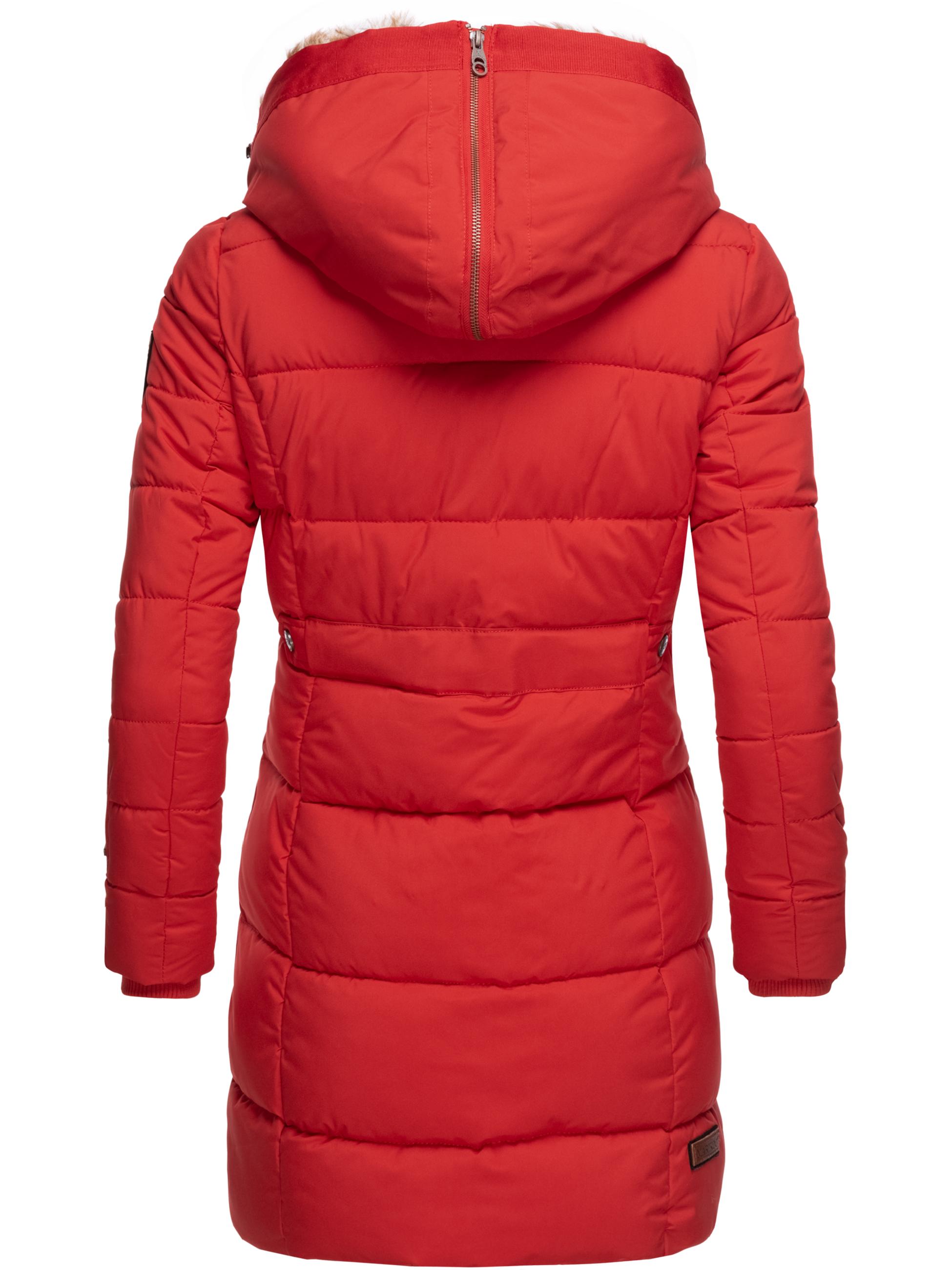 Langer Winter Steppmantel mit Kunstfellkapuze "Lieblings Jacke" Rot