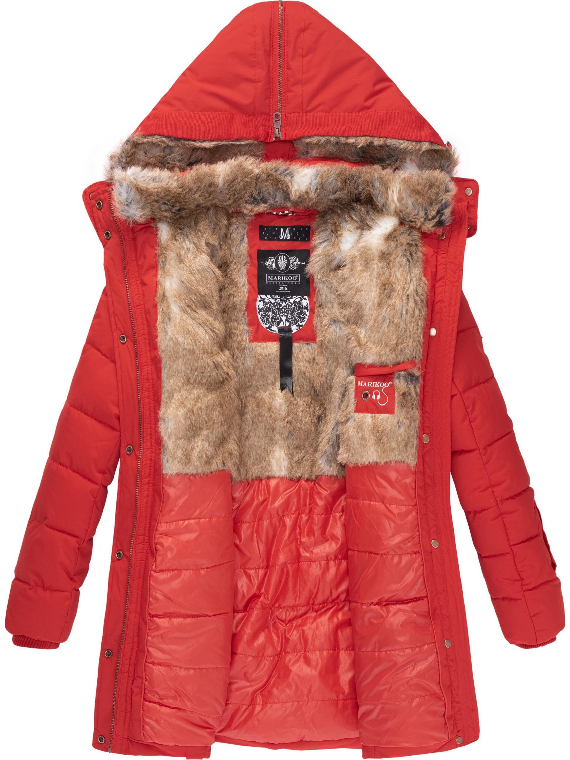 Langer Winter Steppmantel mit Kunstfellkapuze "Lieblings Jacke" Rot