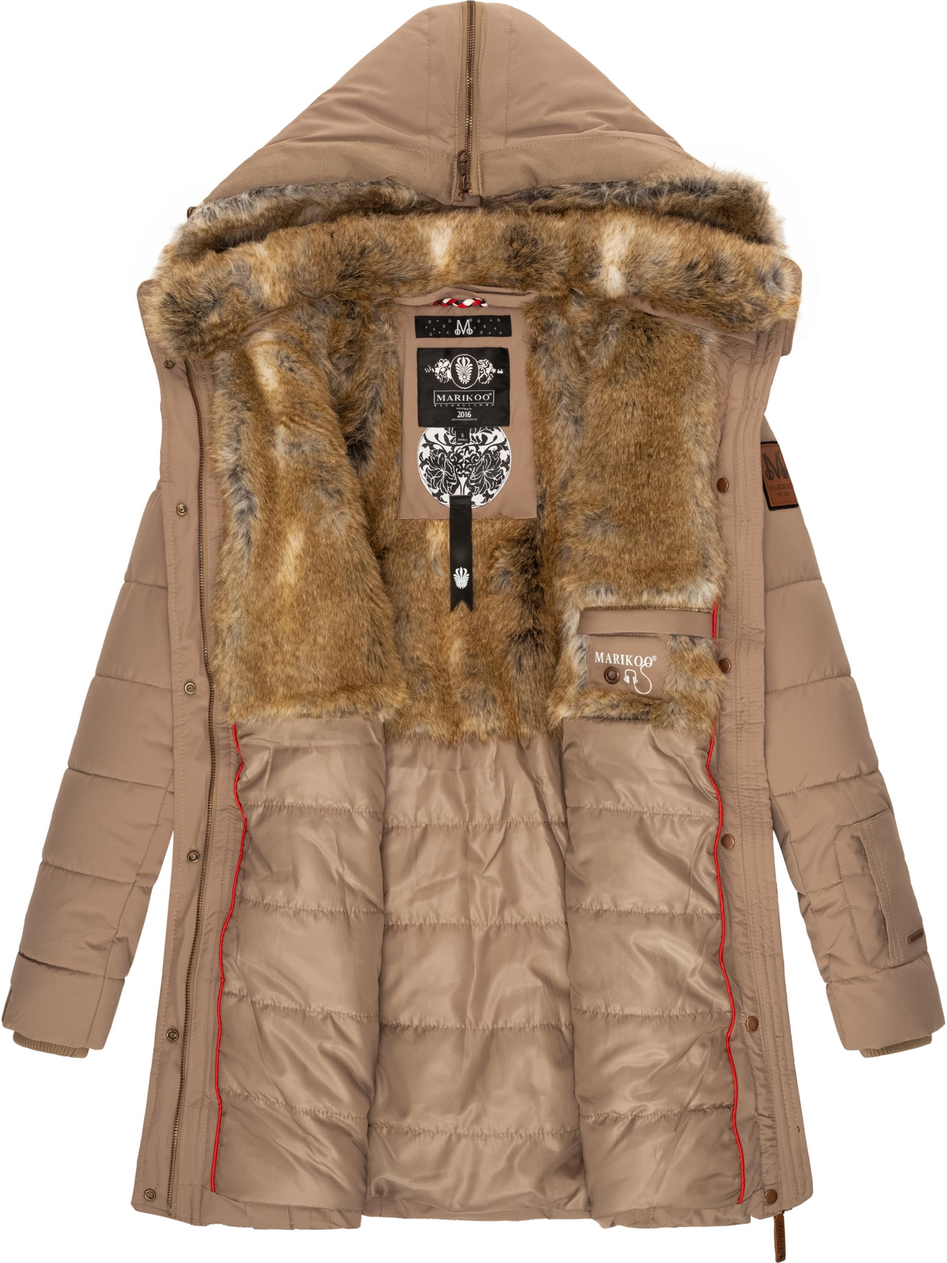 Langer Winter Steppmantel mit Kunstfellkapuze "Lieblings Jacke" Taupe