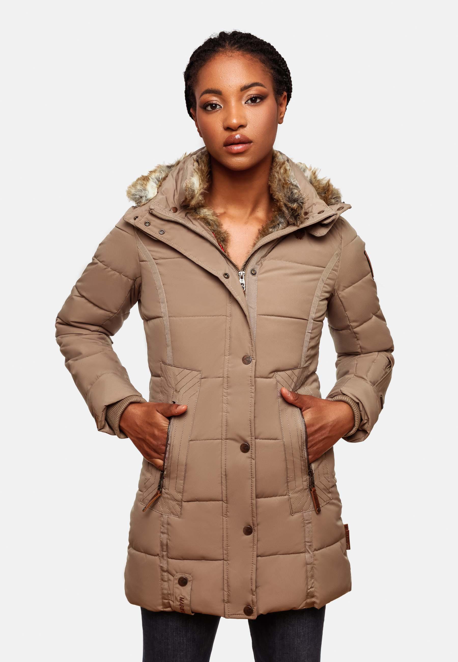 Langer Winter Steppmantel mit Kunstfellkapuze "Lieblings Jacke" Taupe