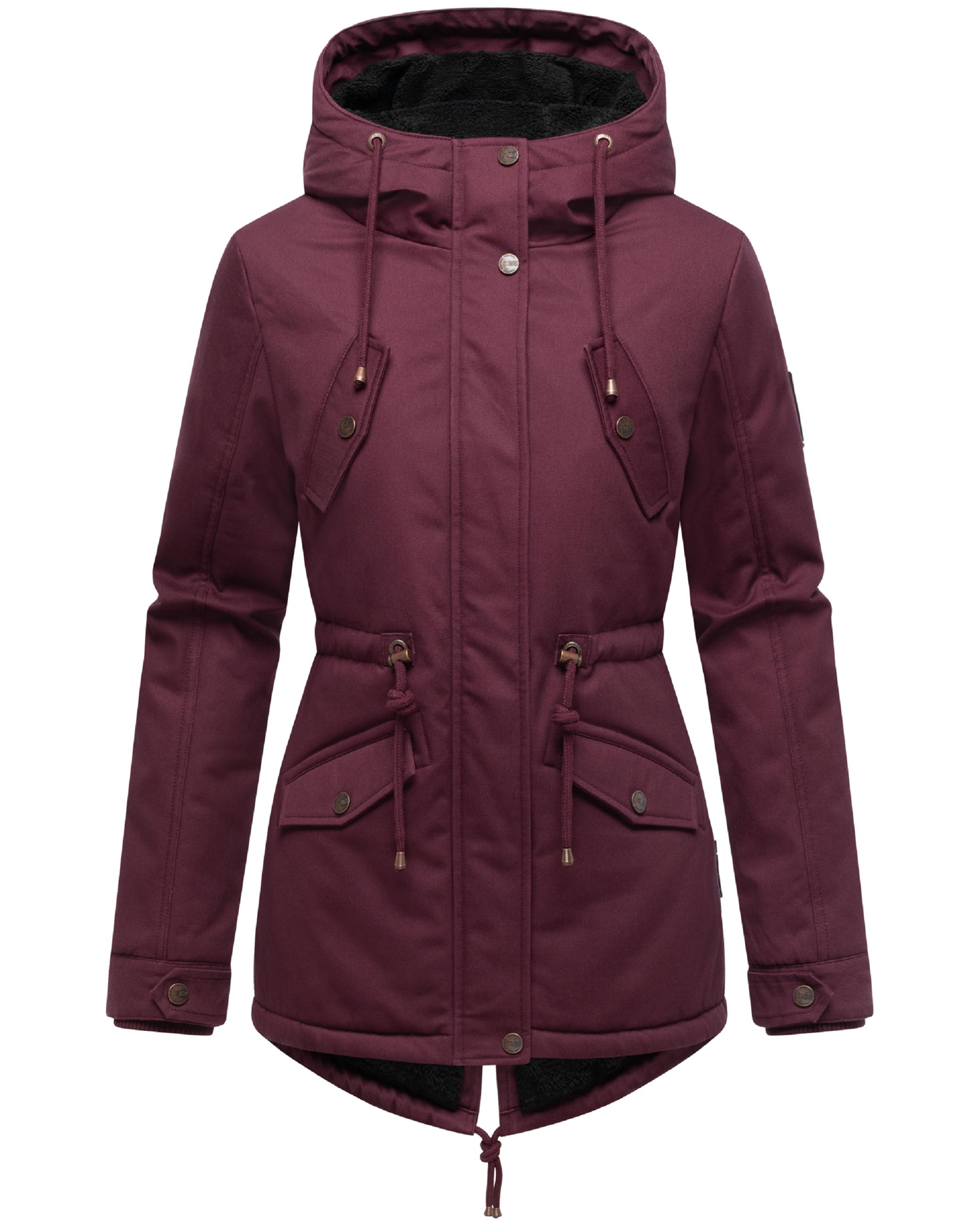 Weicher Baumwoll-Kurzmantel mit Kapuze "Manolya" Wine with black fur