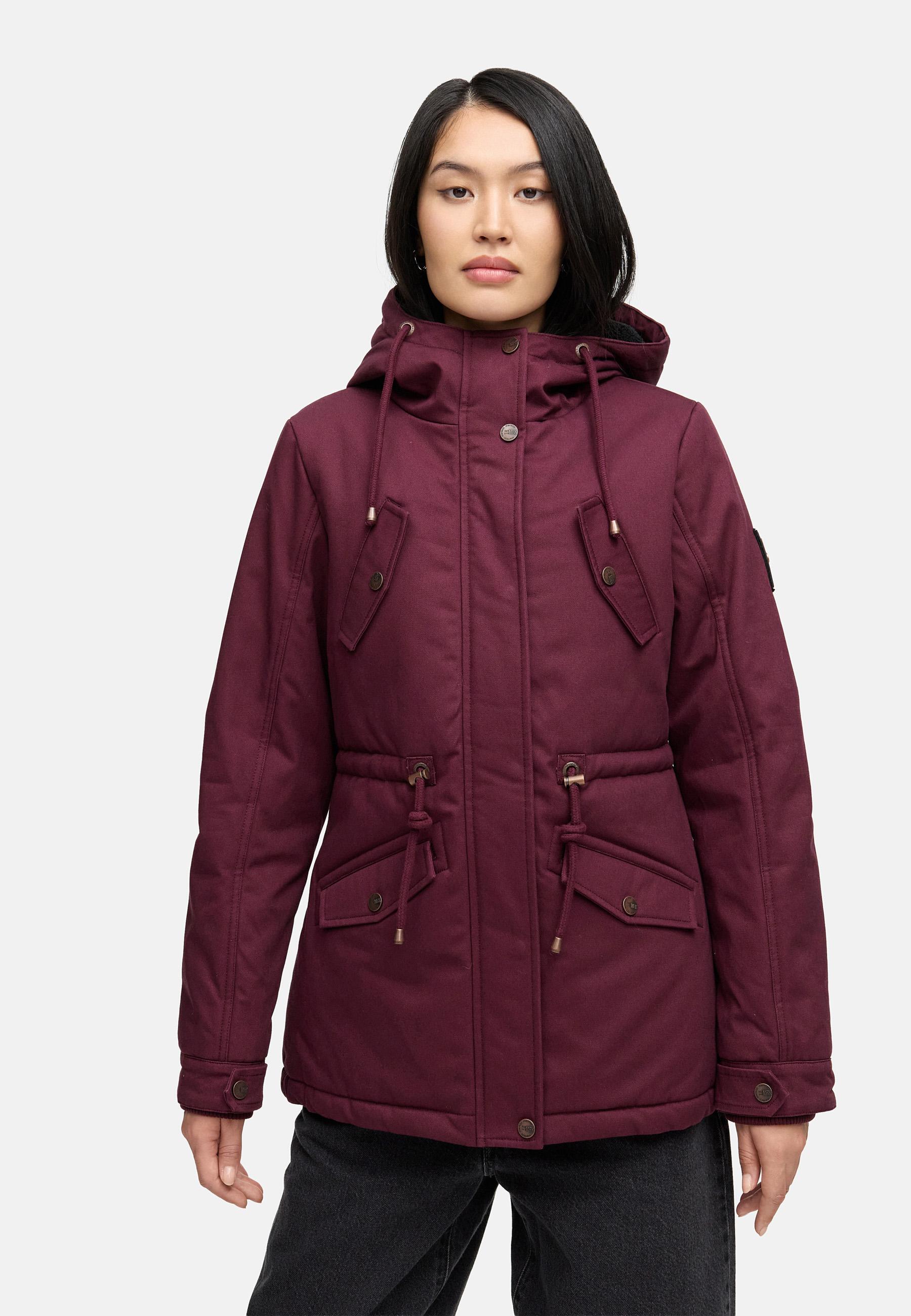 Weicher Baumwoll-Kurzmantel mit Kapuze "Manolya" Wine with black fur