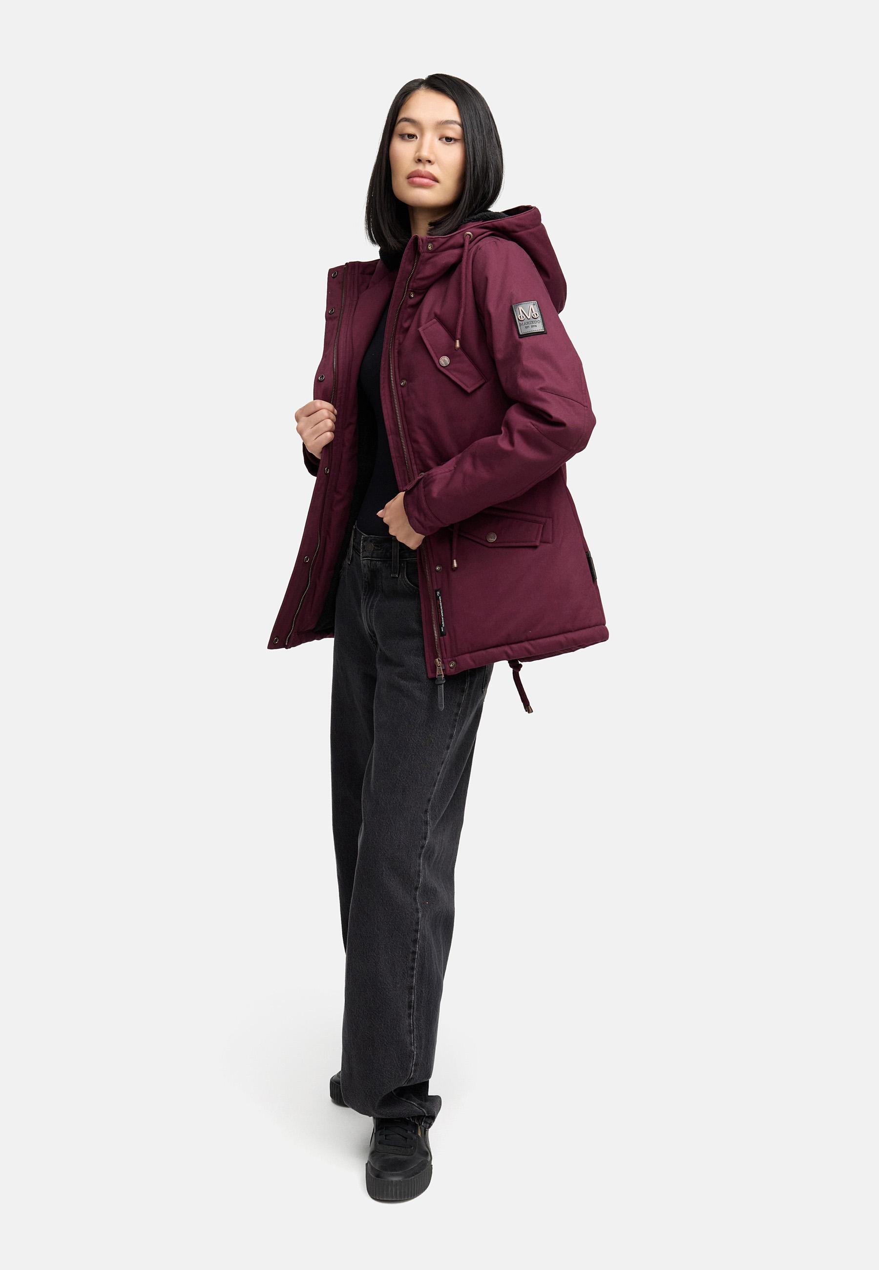 Weicher Baumwoll-Kurzmantel mit Kapuze "Manolya" Wine with black fur