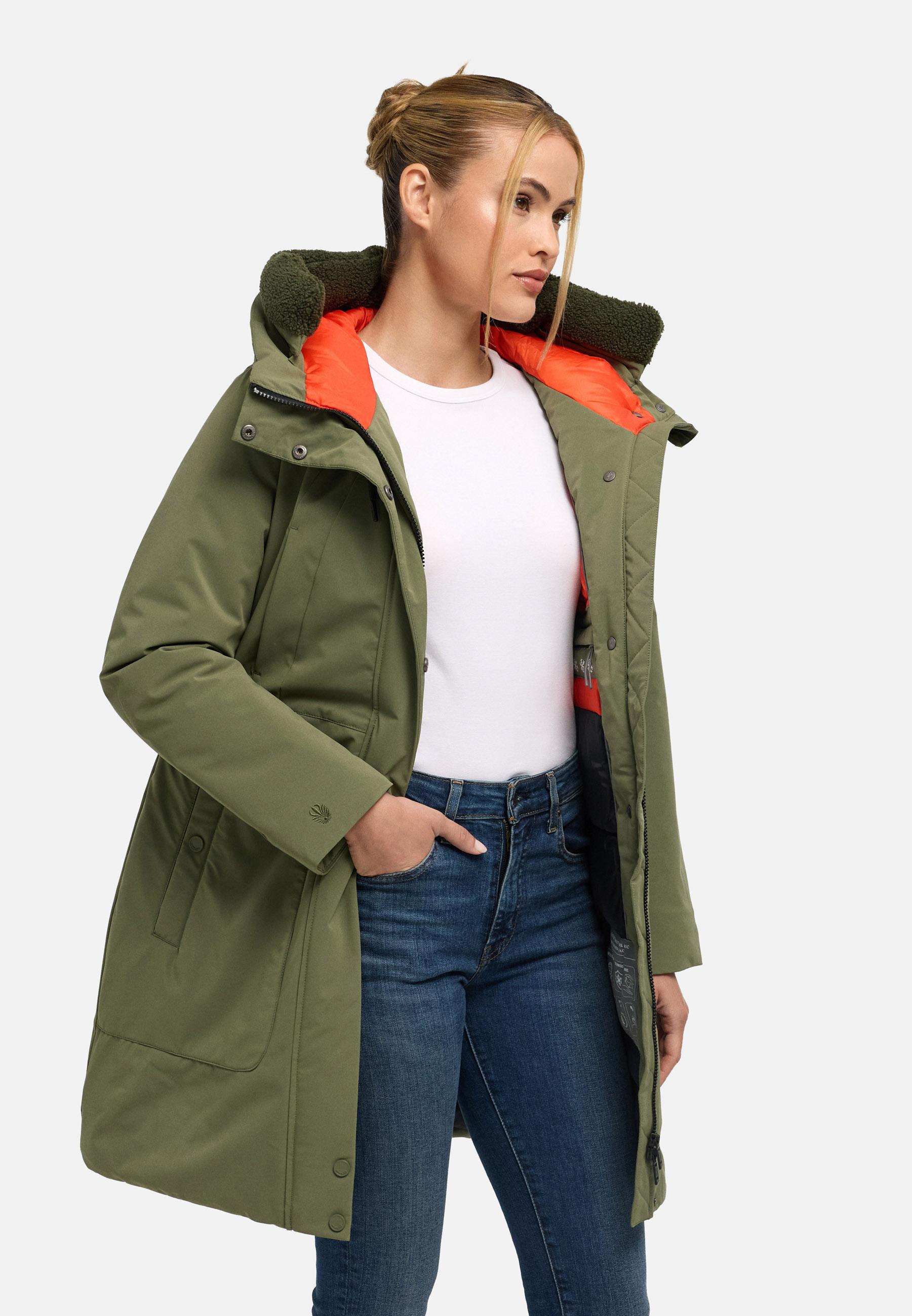 Warmer Damen Kurzmantel mit abnehmbarem Besatz "Pakaami 16" Olive Leaf