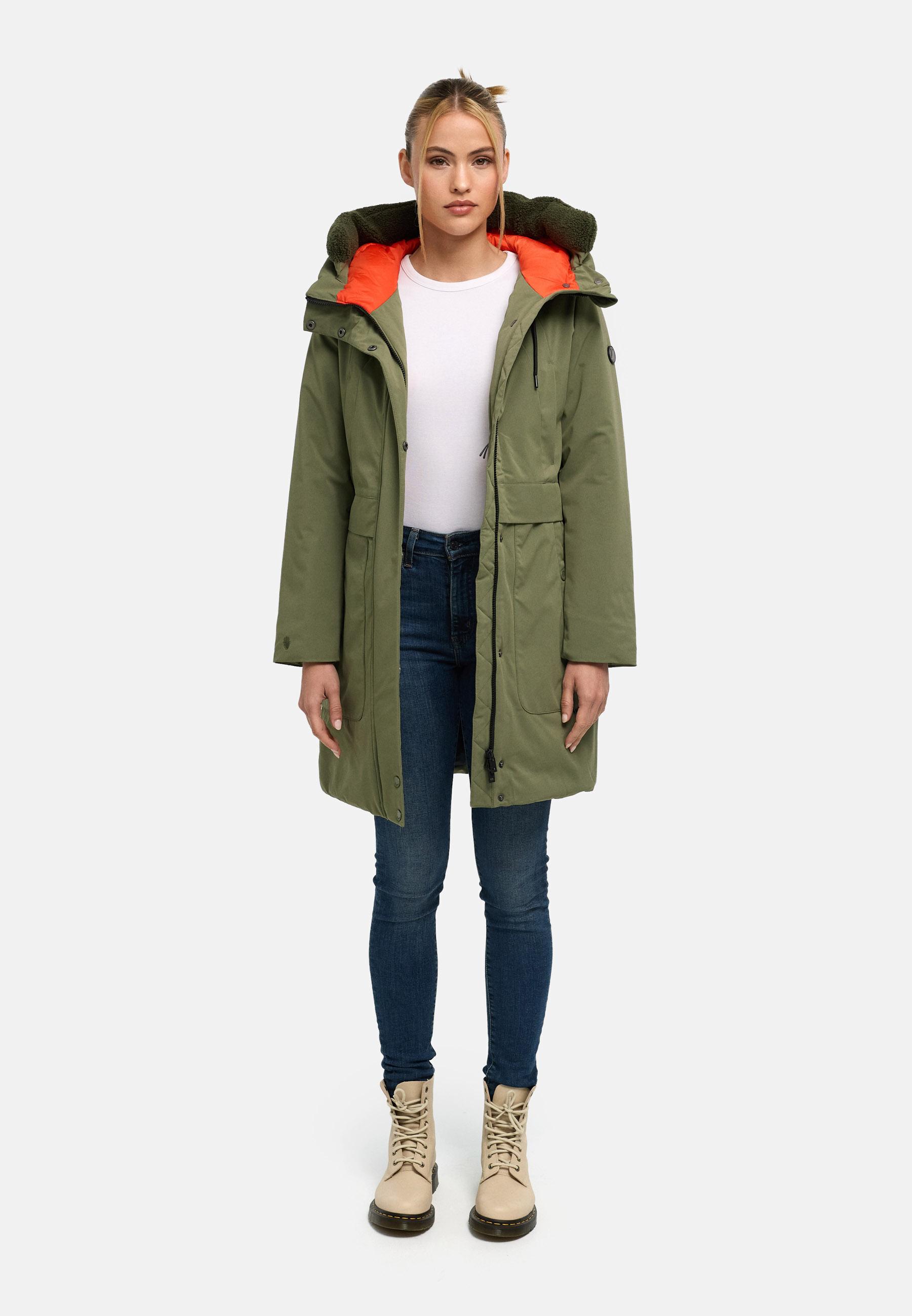 Warmer Damen Kurzmantel mit abnehmbarem Besatz "Pakaami 16" Olive Leaf