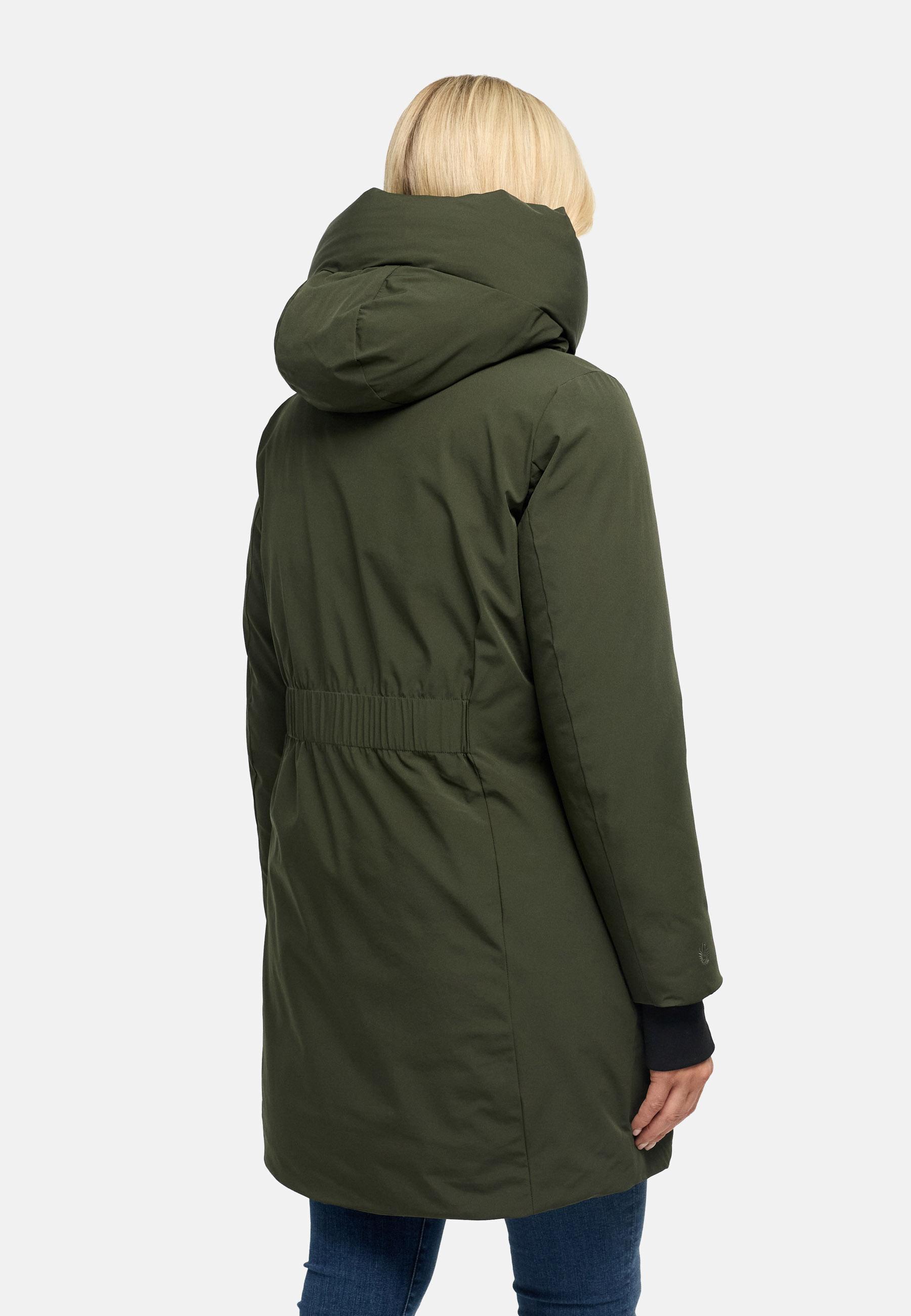 Warmer Damen Steppmantel mit verstellbarer Kapuze "Polarhäschen 16" Dark Olive