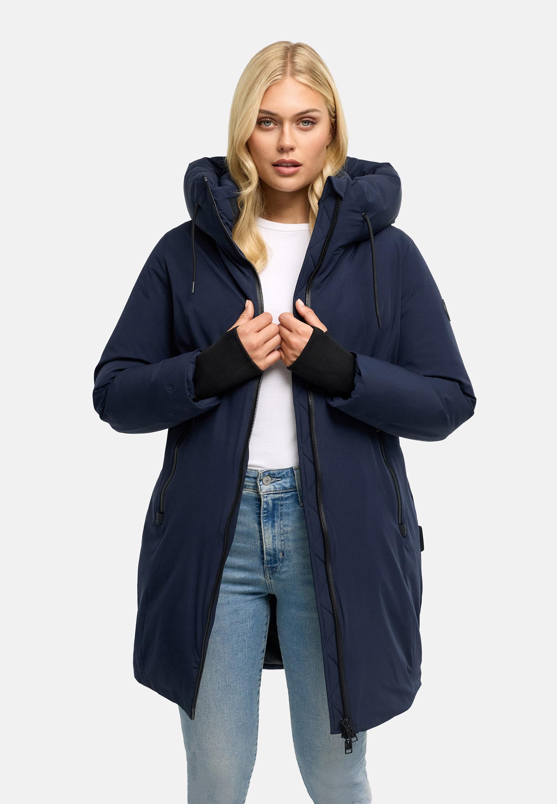 Warmer Damen Steppmantel mit verstellbarer Kapuze "Polarhäschen 16" Navy