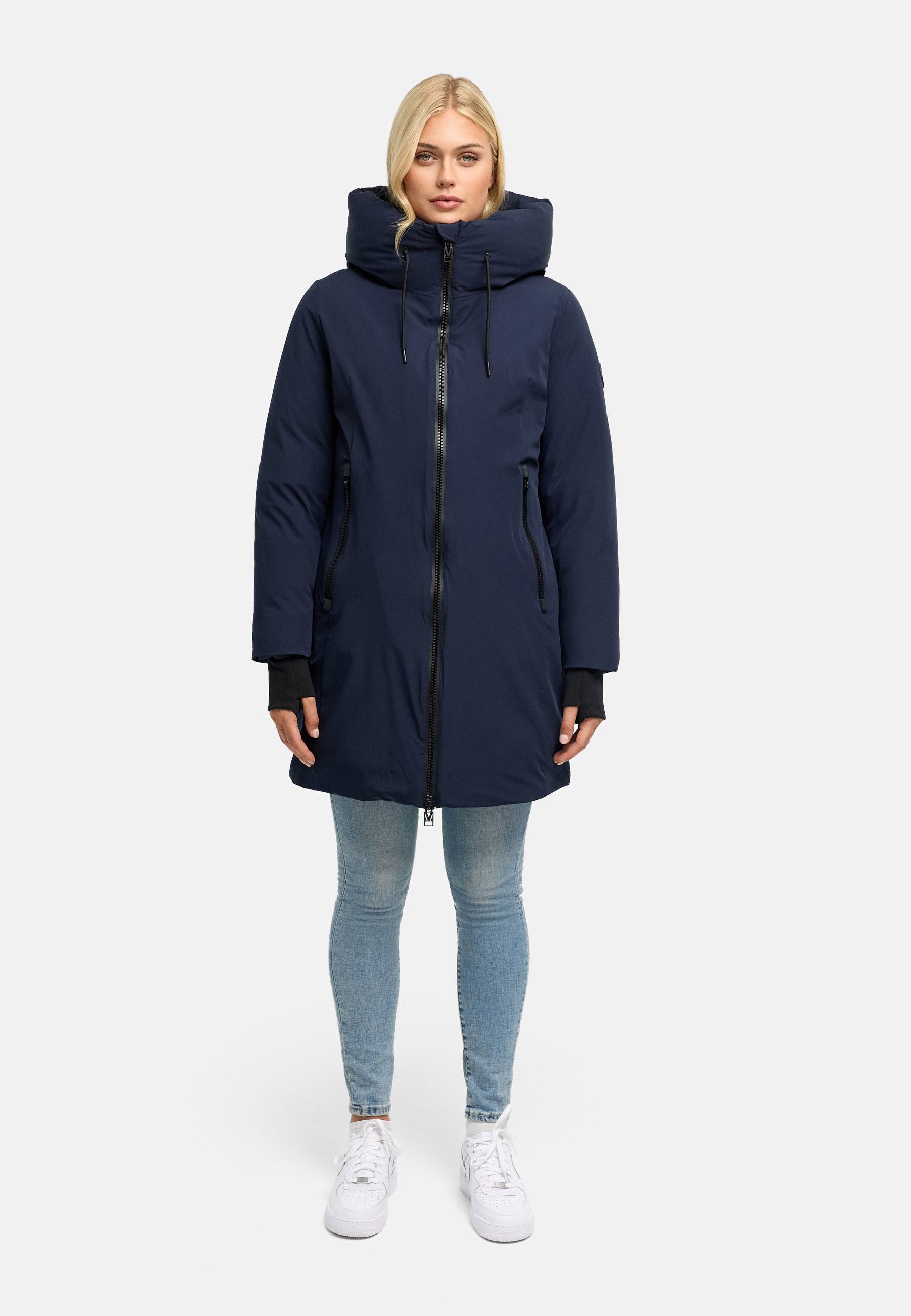 Warmer Damen Steppmantel mit verstellbarer Kapuze "Polarhäschen 16" Navy