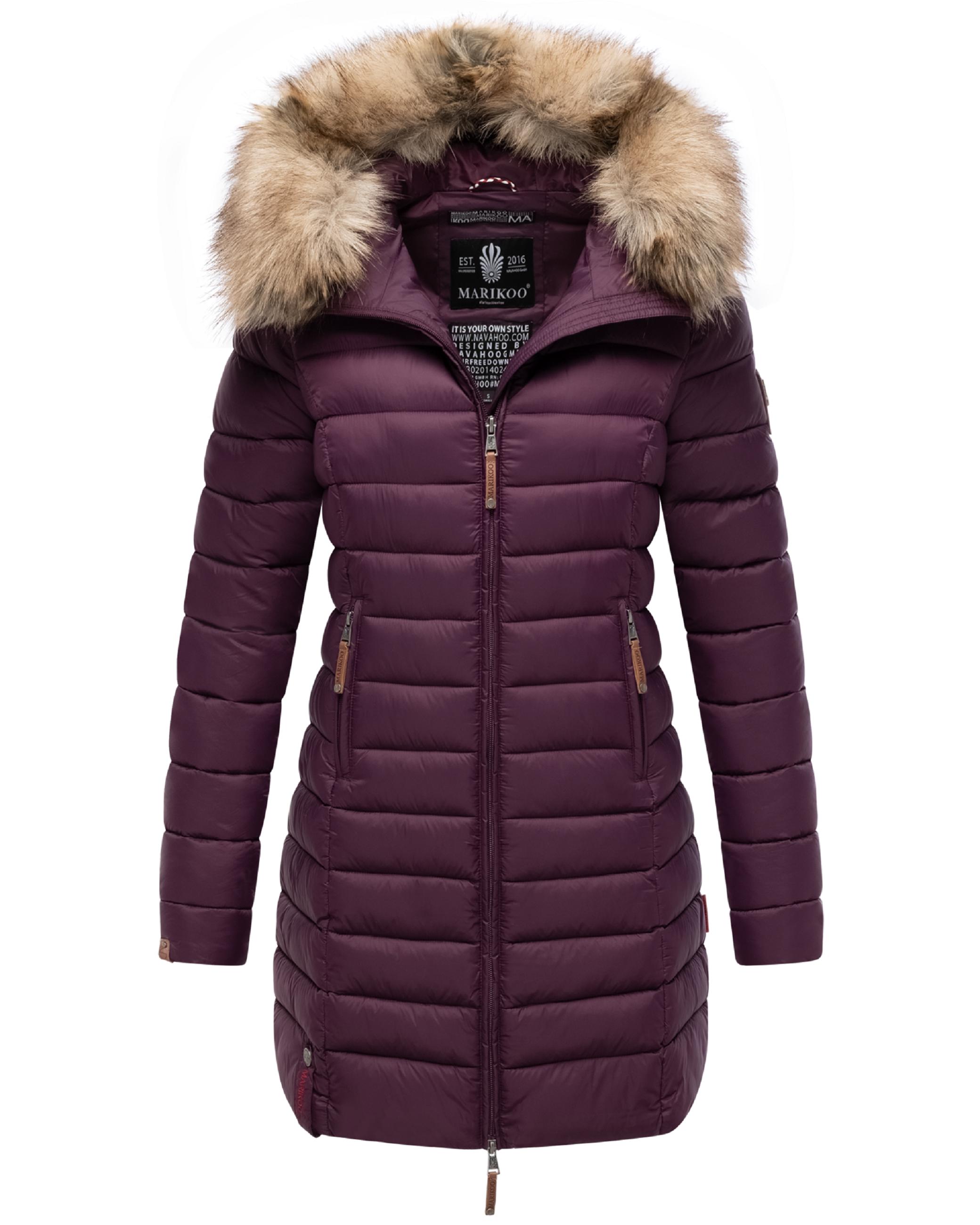 Langer Winter Steppmantel mit Kunstfellkapuze "Rose-Stepp" Aubergine