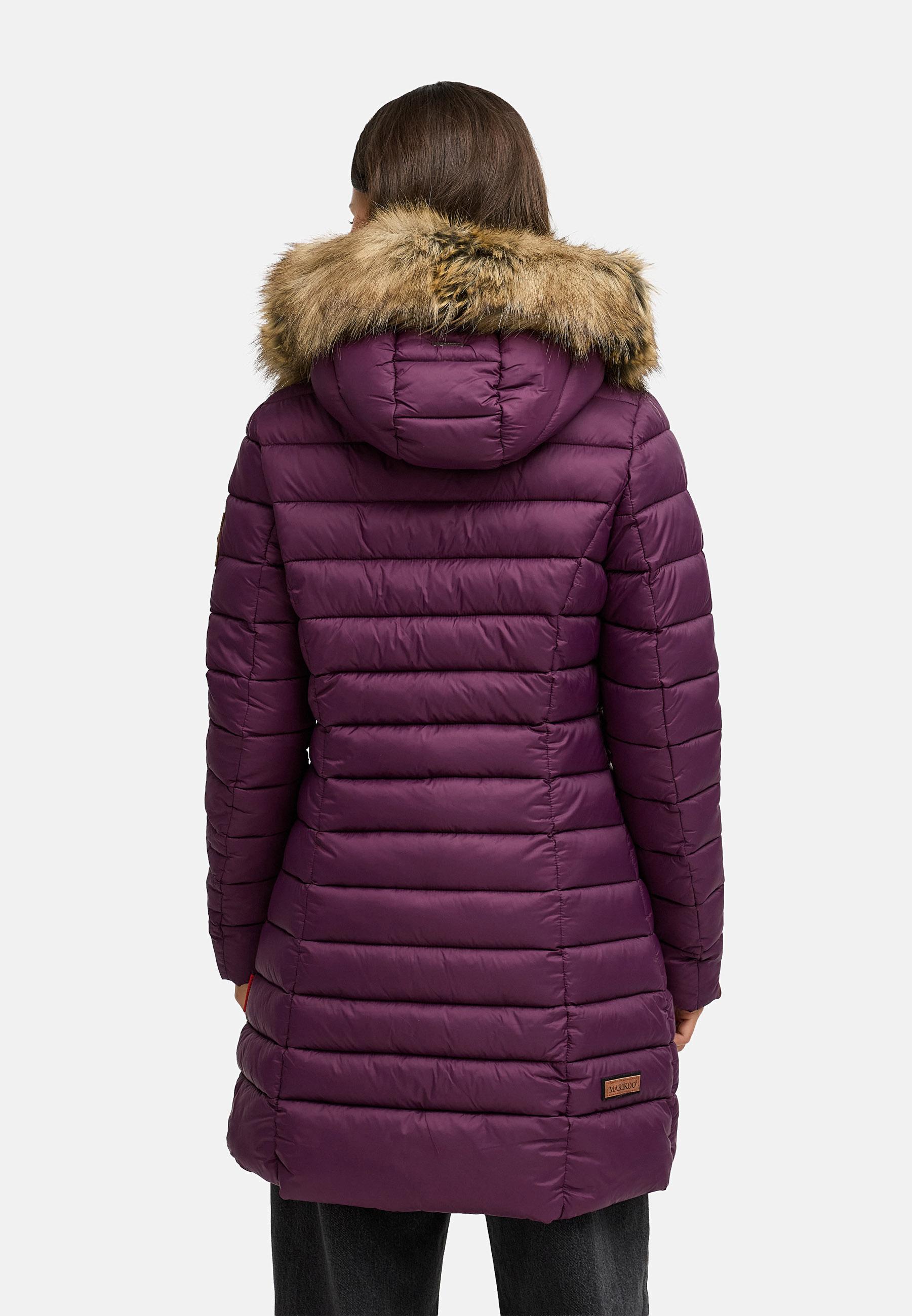 Langer Winter Steppmantel mit Kunstfellkapuze "Rose-Stepp" Aubergine