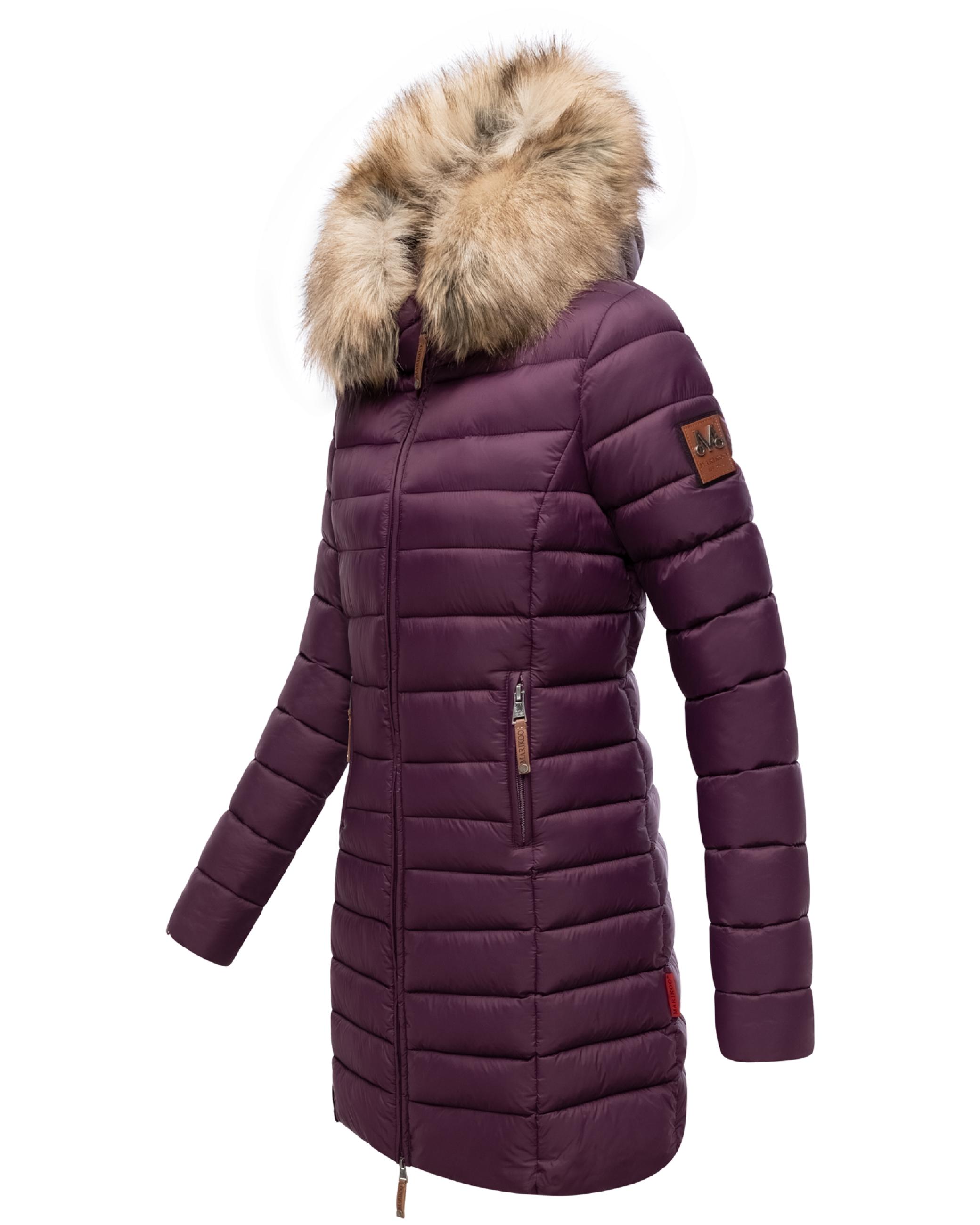 Langer Winter Steppmantel mit Kunstfellkapuze "Rose-Stepp" Aubergine