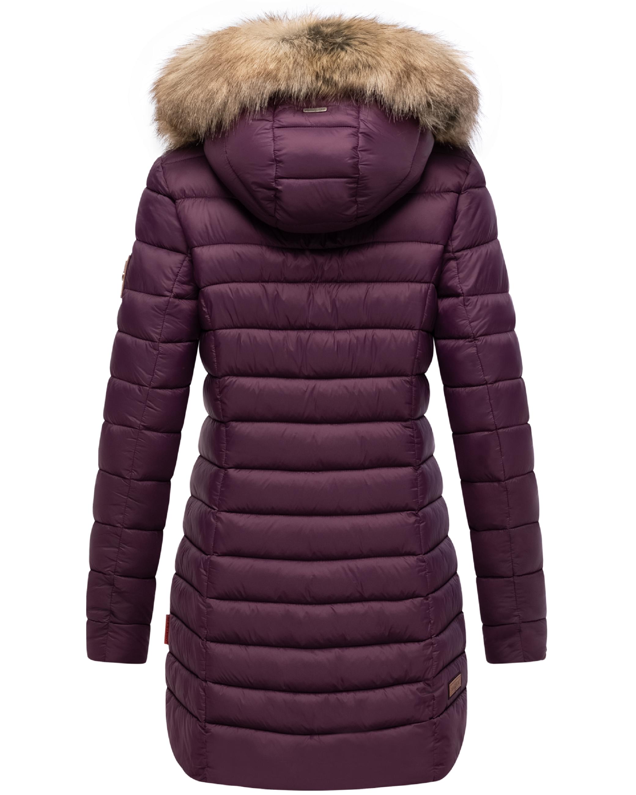 Langer Winter Steppmantel mit Kunstfellkapuze "Rose-Stepp" Aubergine