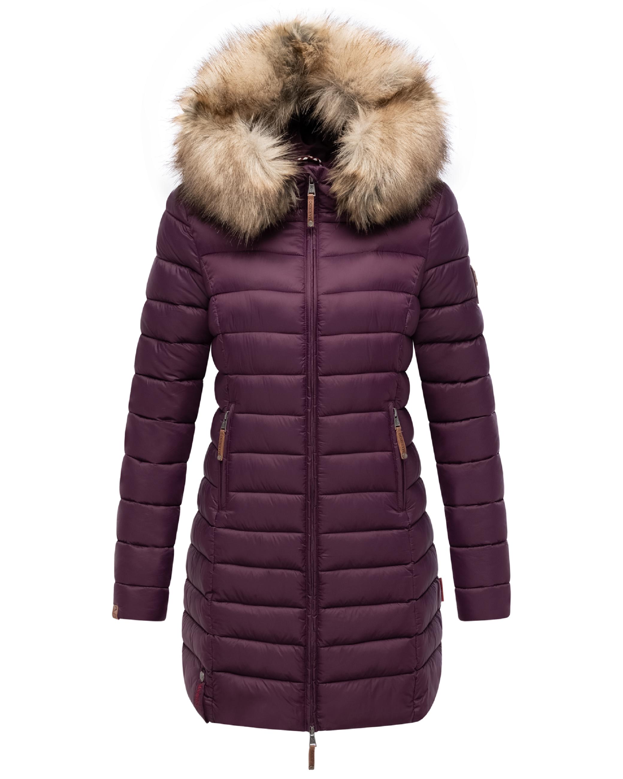 Langer Winter Steppmantel mit Kunstfellkapuze "Rose-Stepp" Aubergine