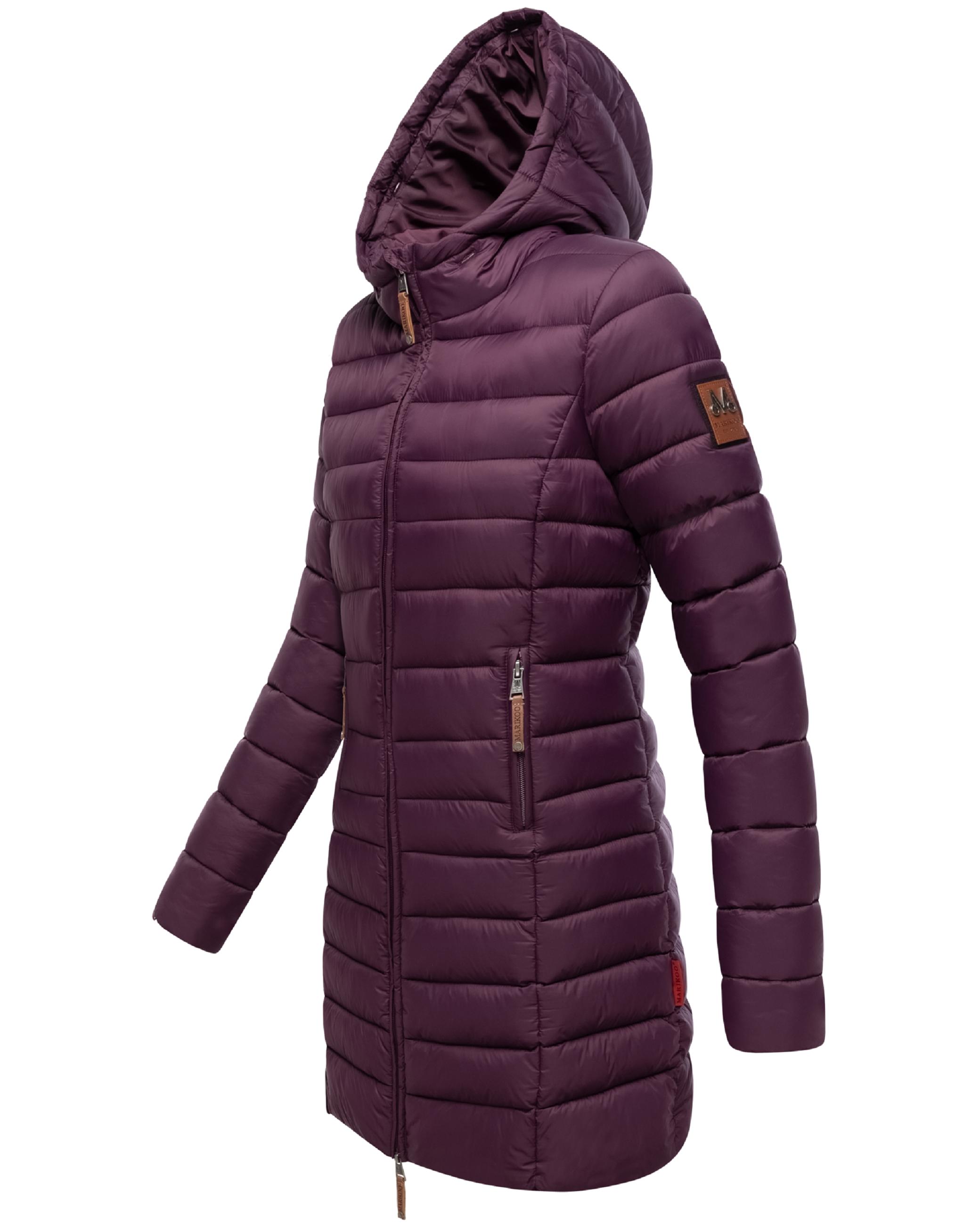 Langer Winter Steppmantel mit Kunstfellkapuze "Rose-Stepp" Aubergine