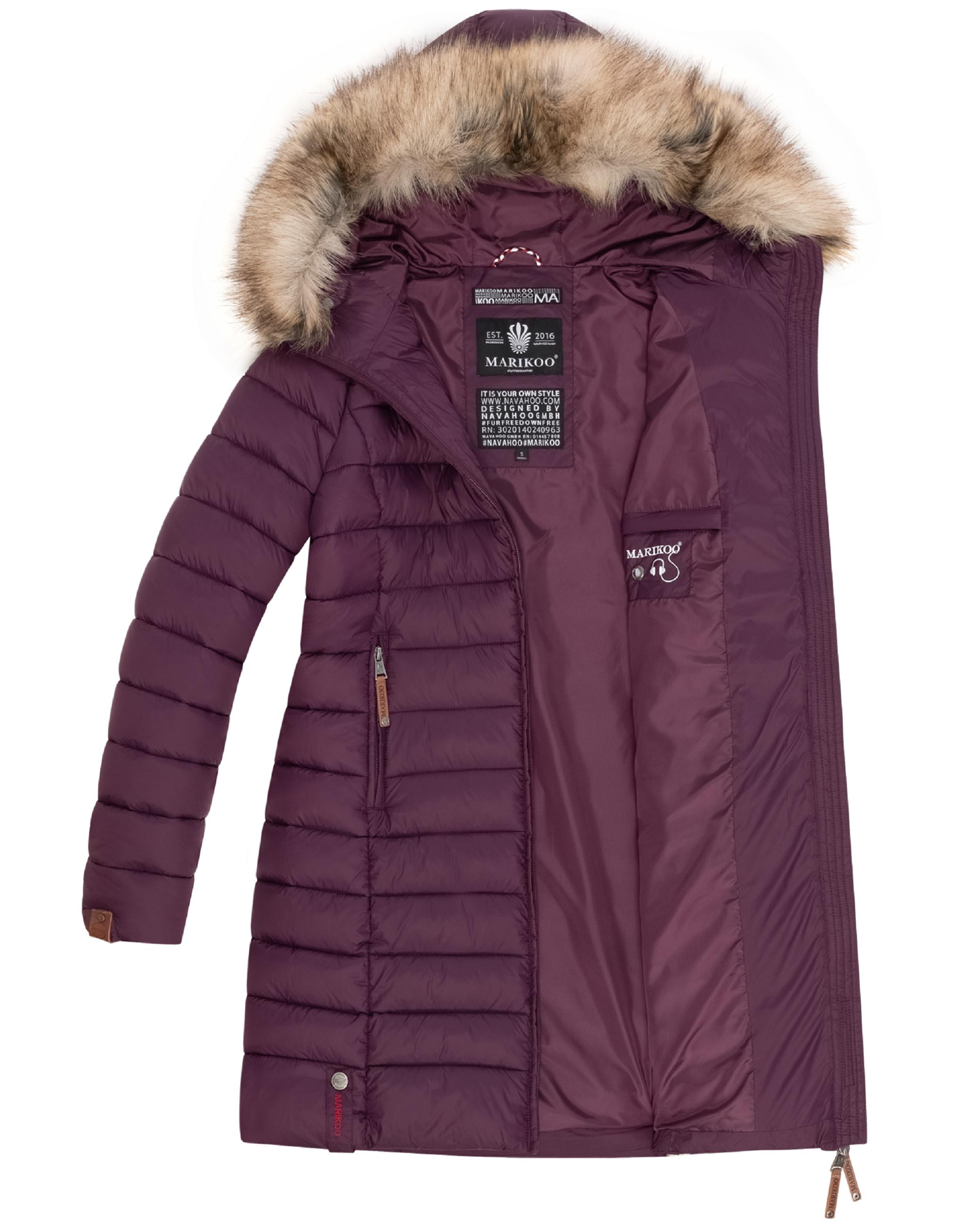 Langer Winter Steppmantel mit Kunstfellkapuze "Rose-Stepp" Aubergine