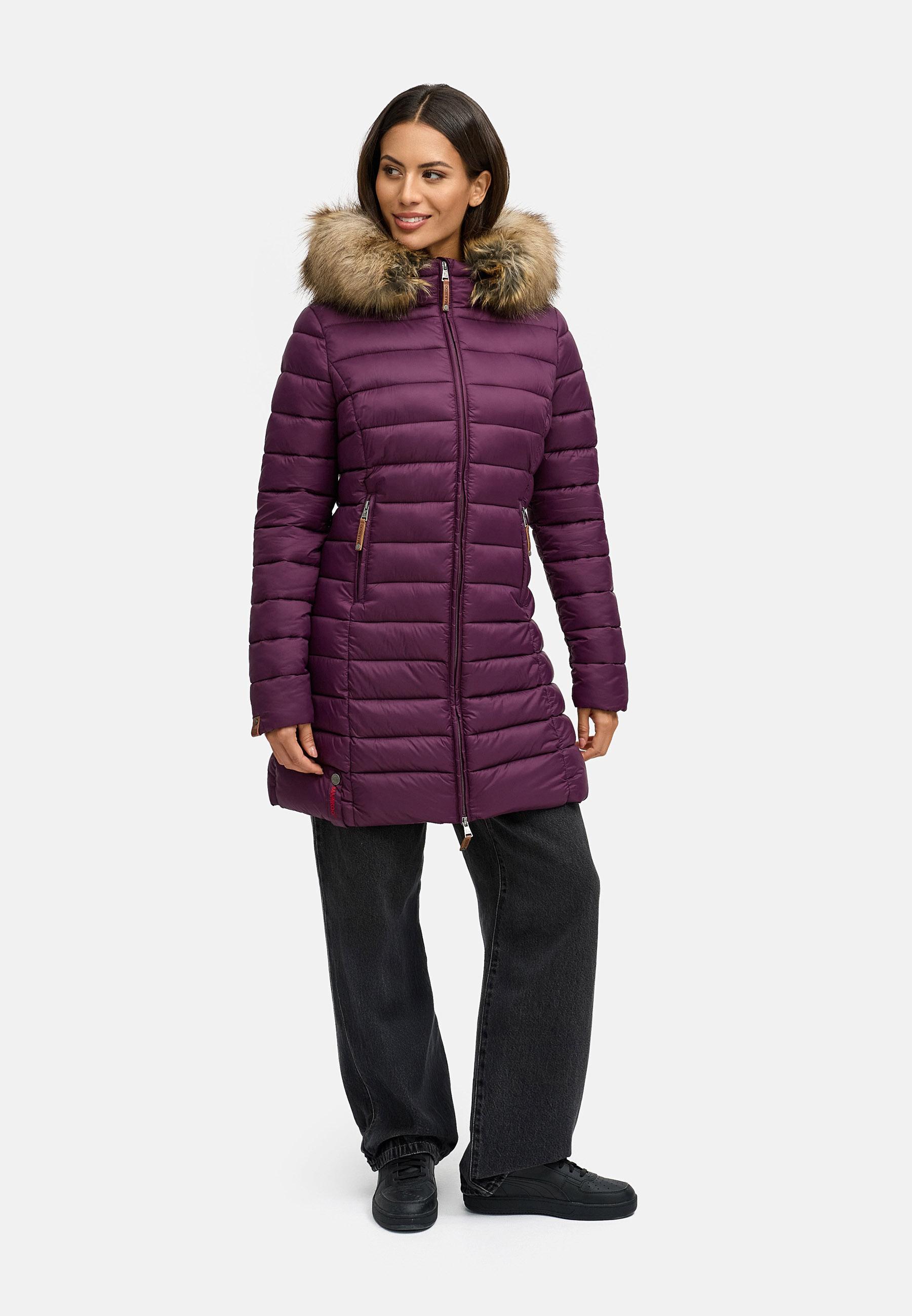 Langer Winter Steppmantel mit Kunstfellkapuze "Rose-Stepp" Aubergine