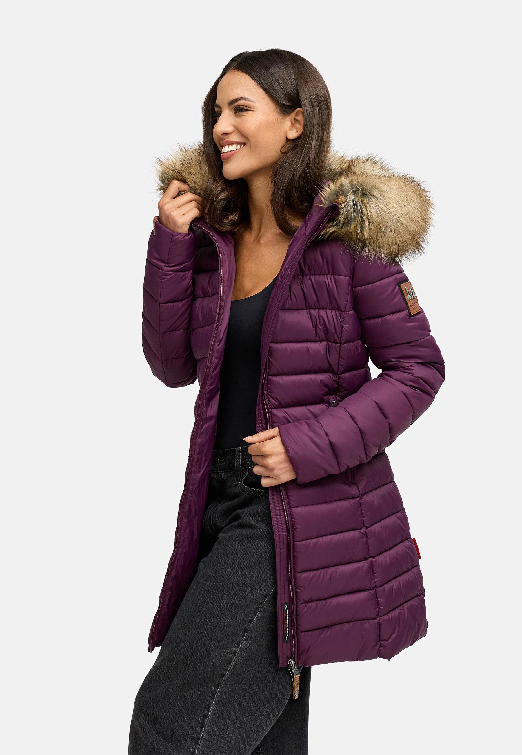 Langer Winter Steppmantel mit Kunstfellkapuze "Rose-Stepp" Aubergine