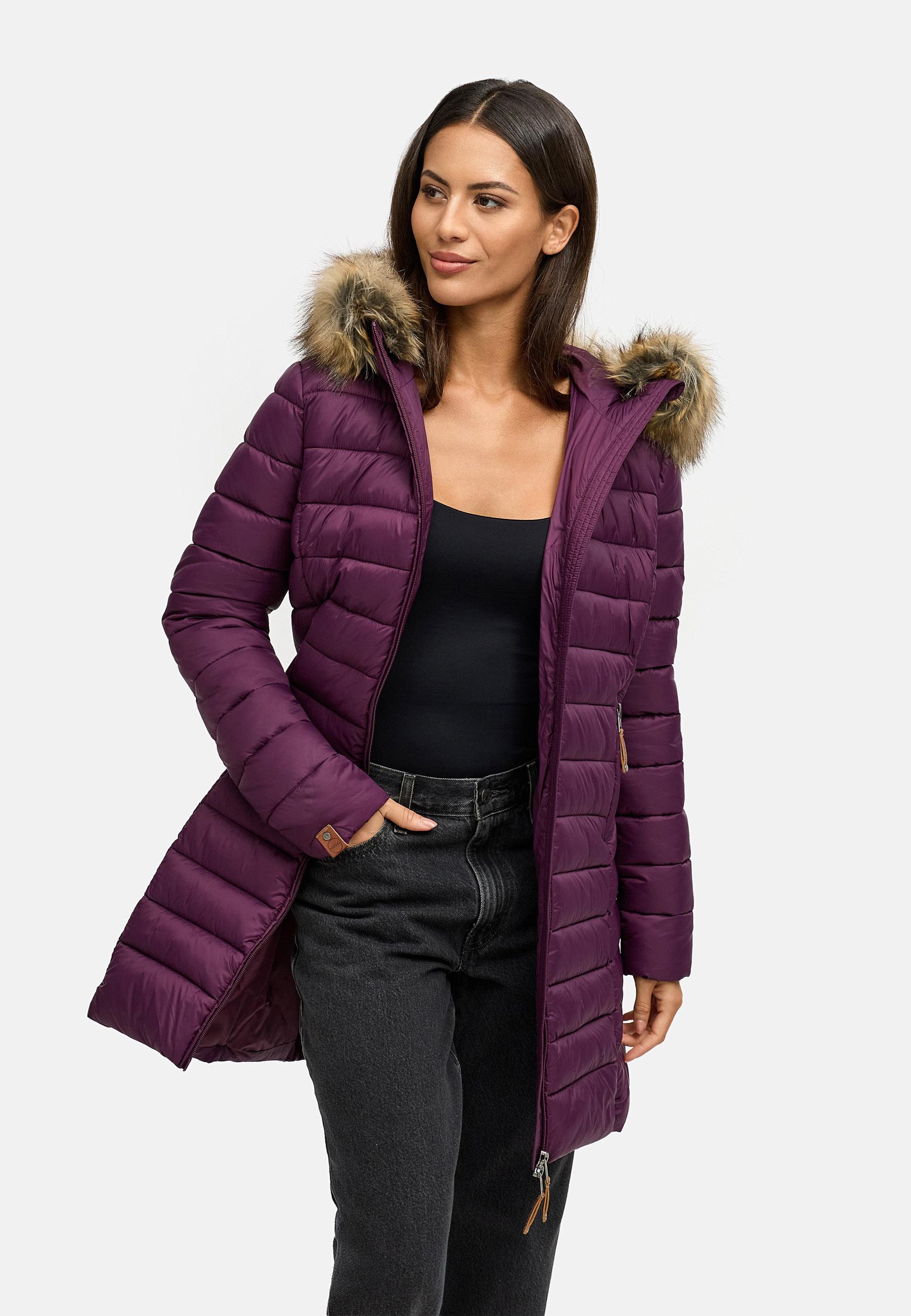 Langer Winter Steppmantel mit Kunstfellkapuze "Rose-Stepp" Aubergine