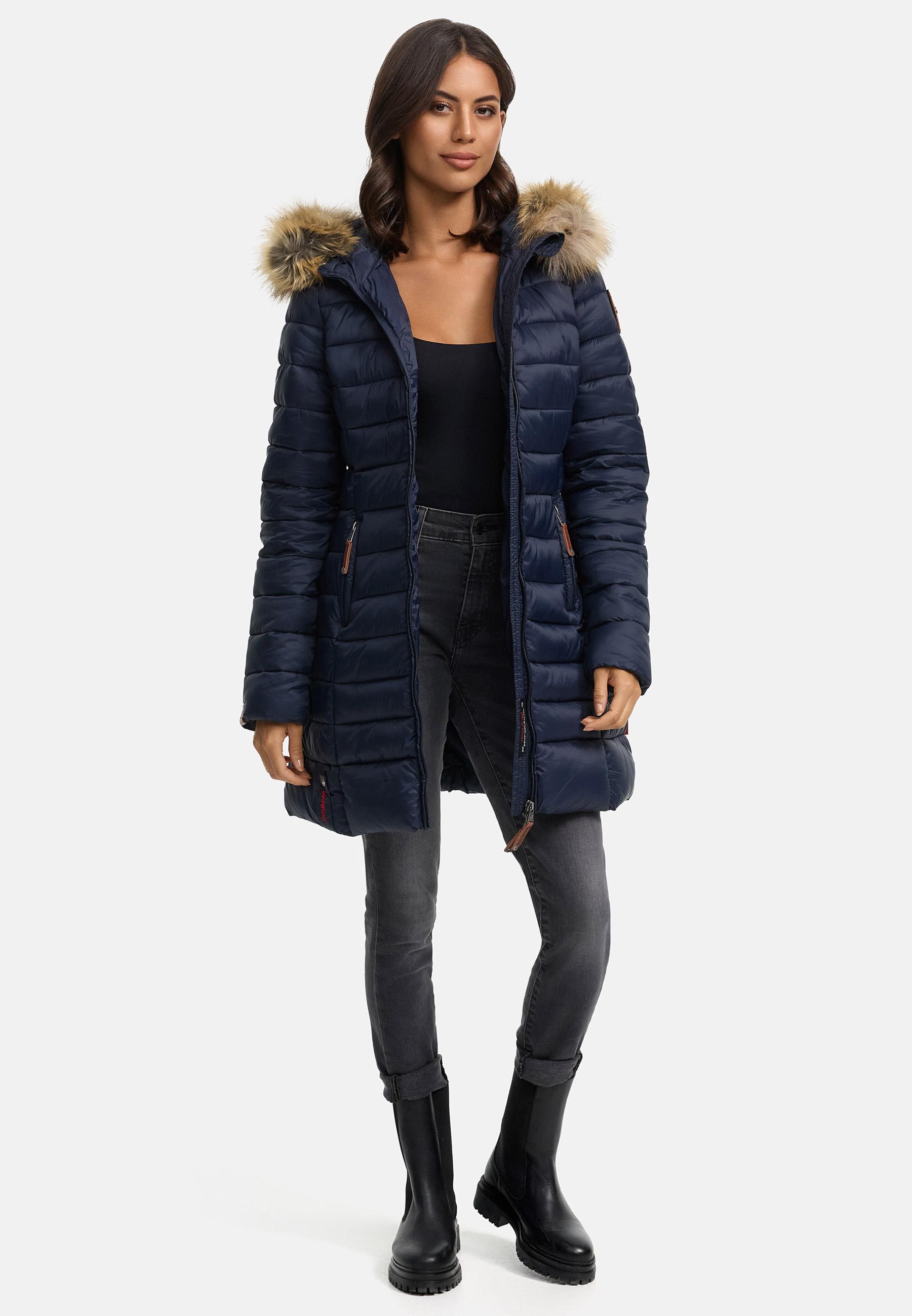 Langer Winter Steppmantel mit Kunstfellkapuze "Rose-Stepp" Blau
