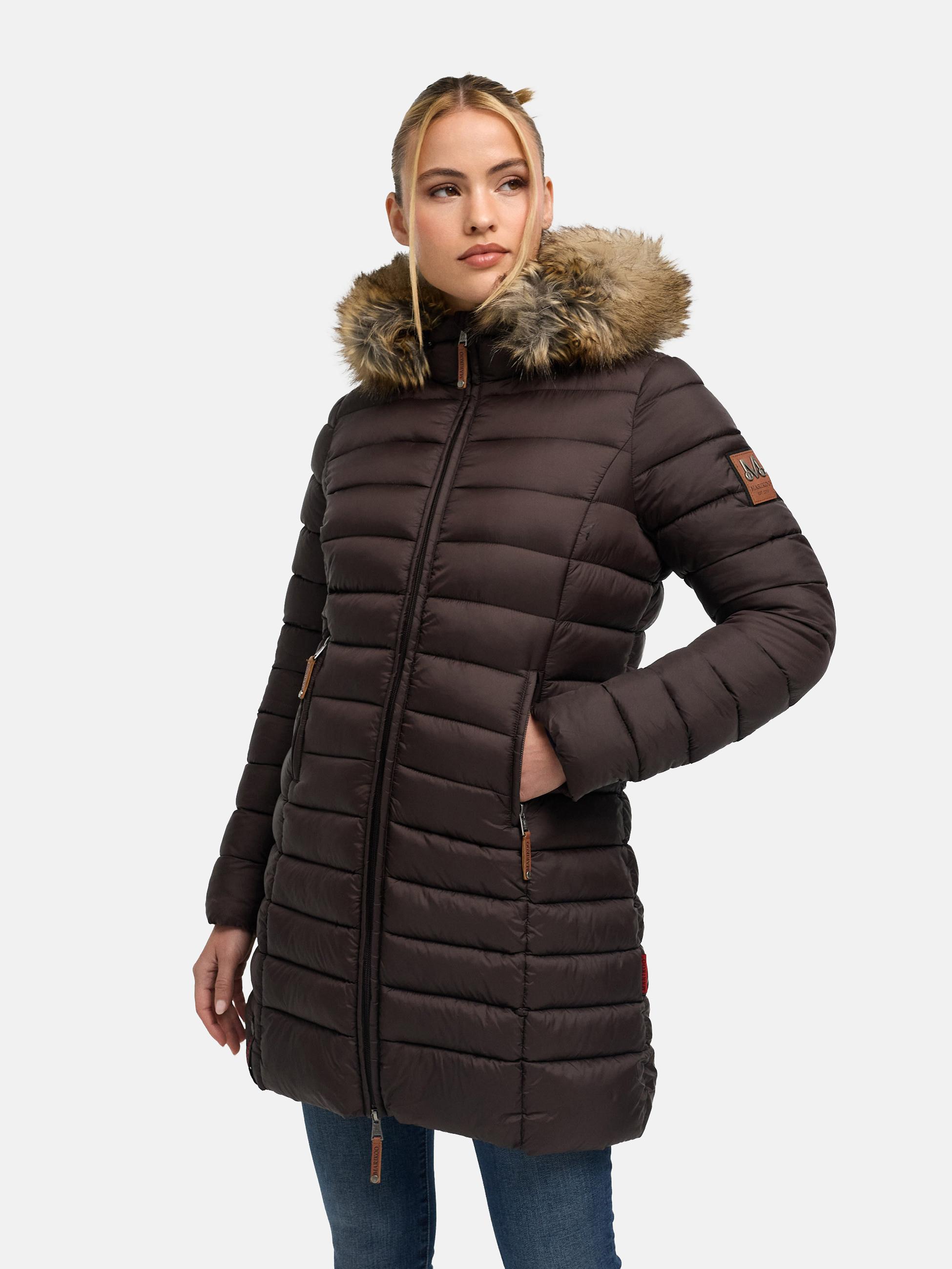 Langer Winter Steppmantel mit Kunstfellkapuze "Rose-Stepp" Choco