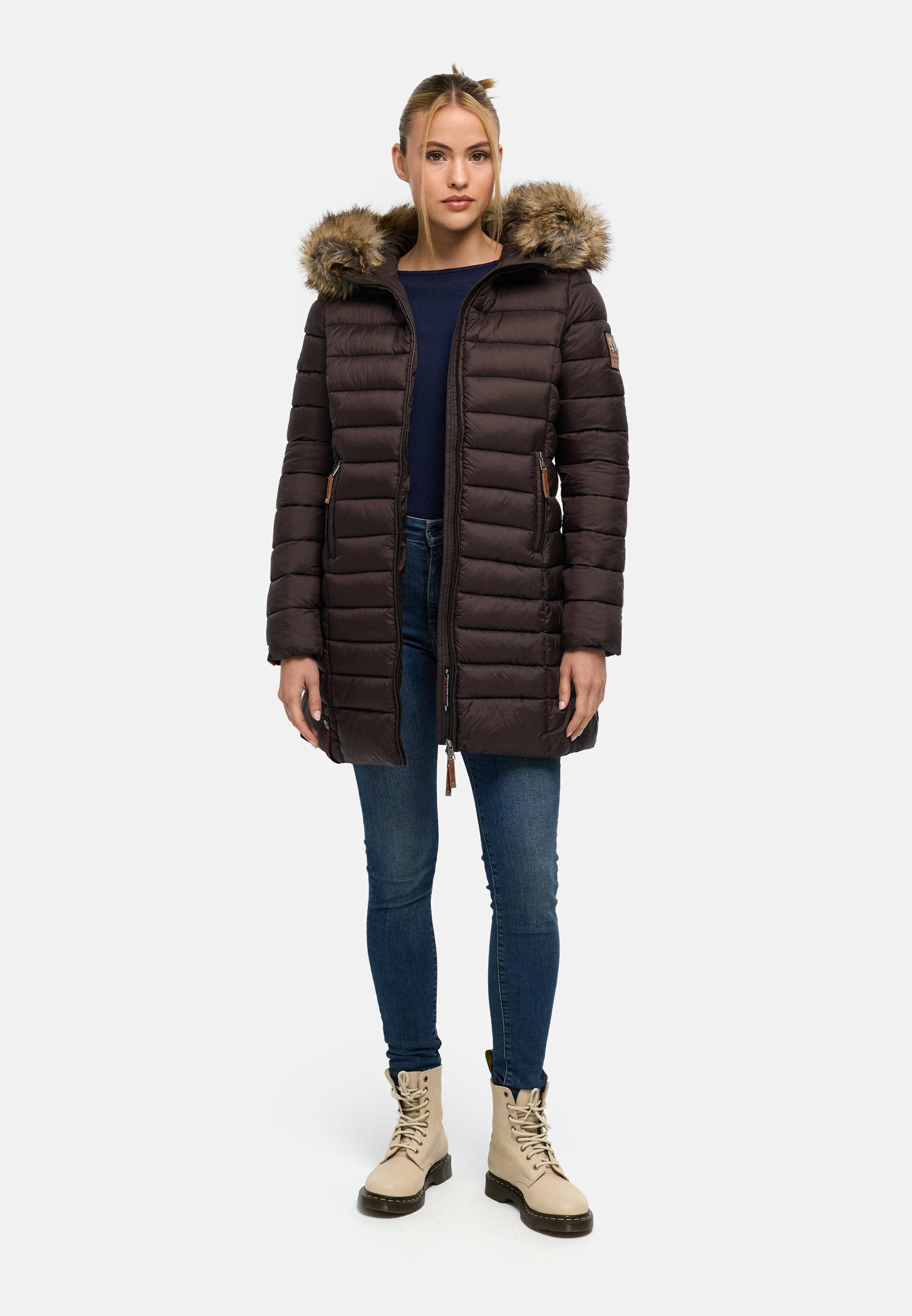 Langer Winter Steppmantel mit Kunstfellkapuze "Rose-Stepp" Choco