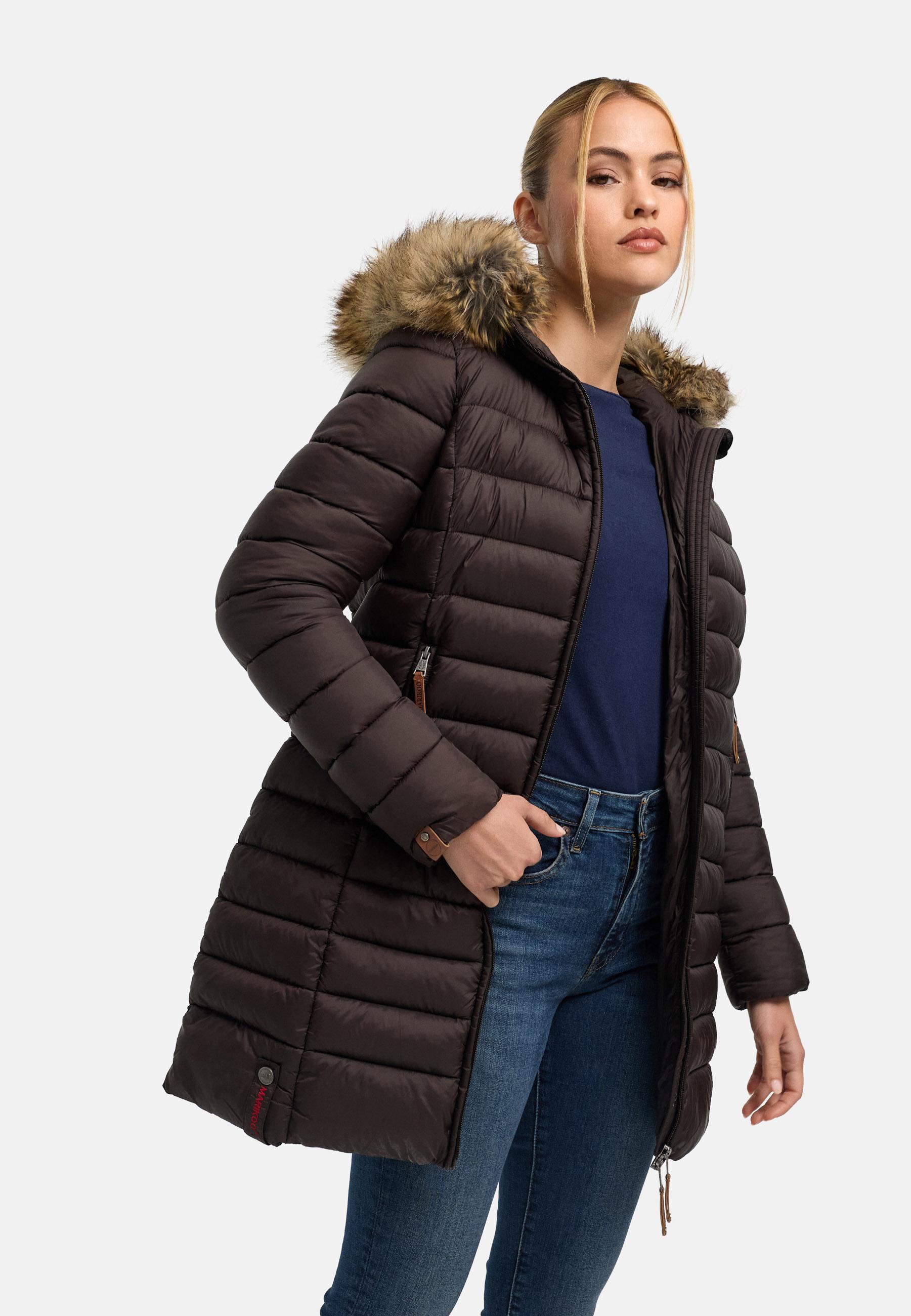 Langer Winter Steppmantel mit Kunstfellkapuze "Rose-Stepp" Choco